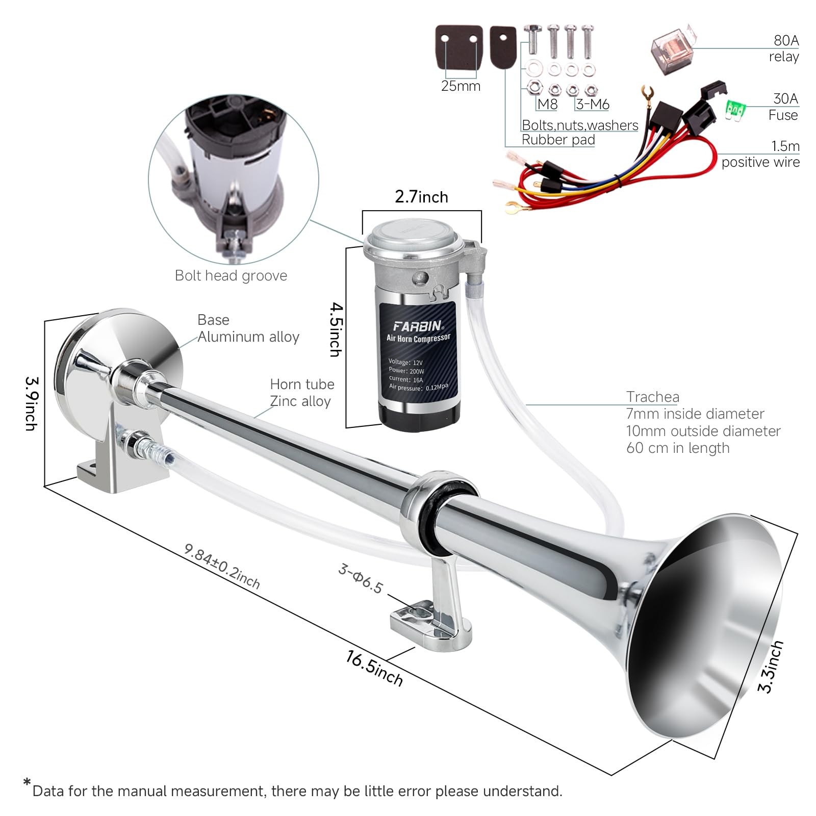 12V 150db Air Horn kit, Super Loud 18 Inches Chrome Zinc Single Trumpet Truck…