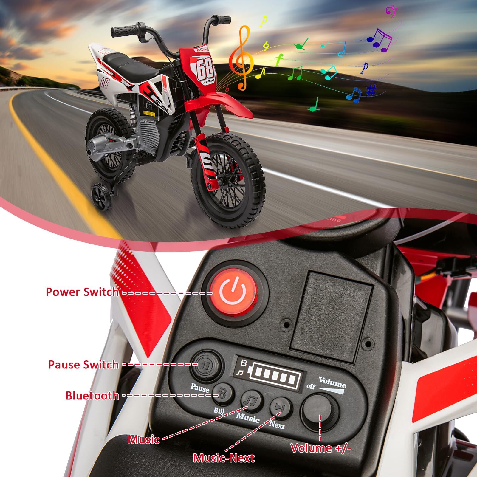12V Kids Motorcycle, Kids Electric Dirt Bike with Traning Wheels for Kids Toddle