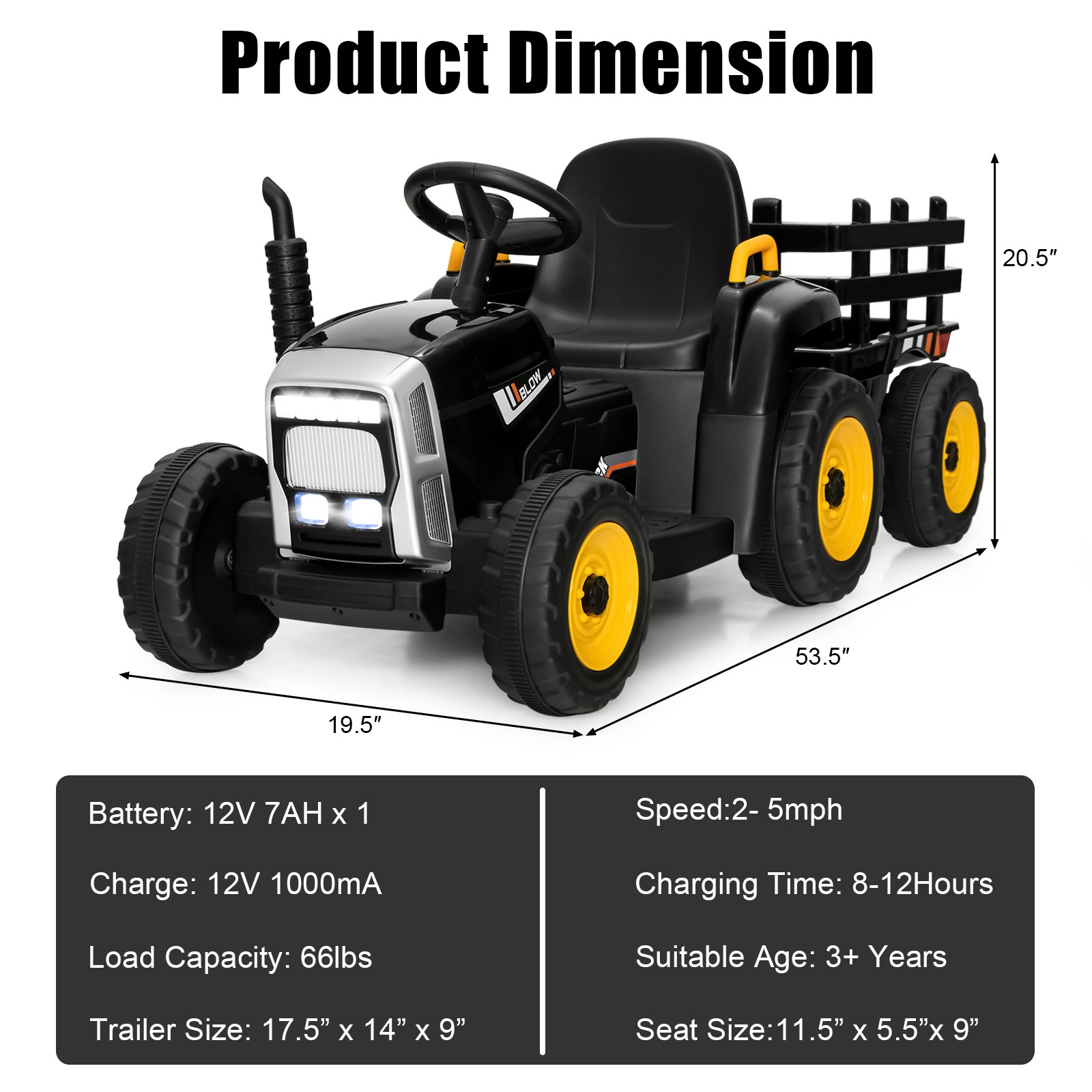 12V Kids Ride On Tractor with Trailer Ground Loader w/ RC & Lights Dark Black