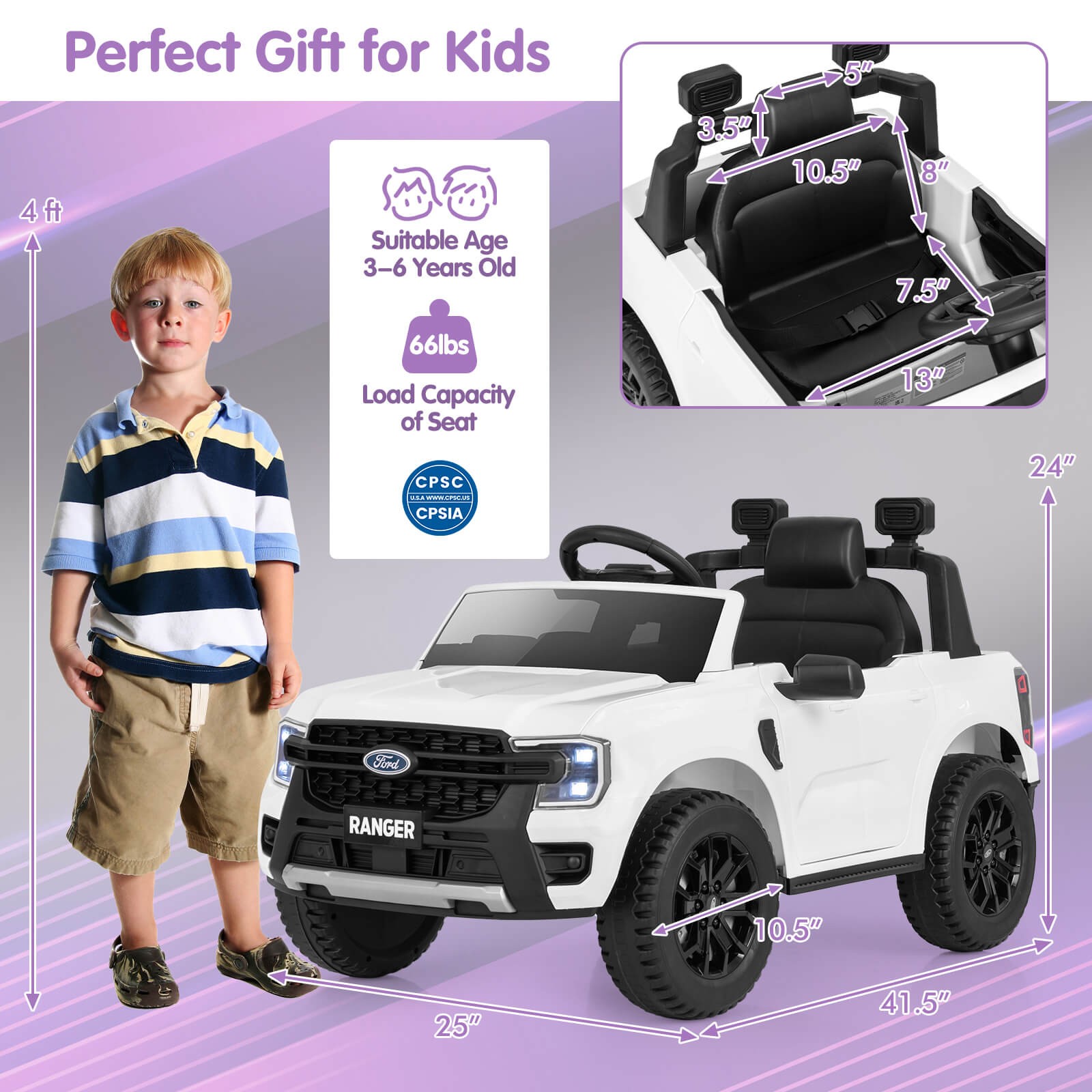 12V Licensed Ford Ranger Kids Ride on Car with Remote Control Storage Basket