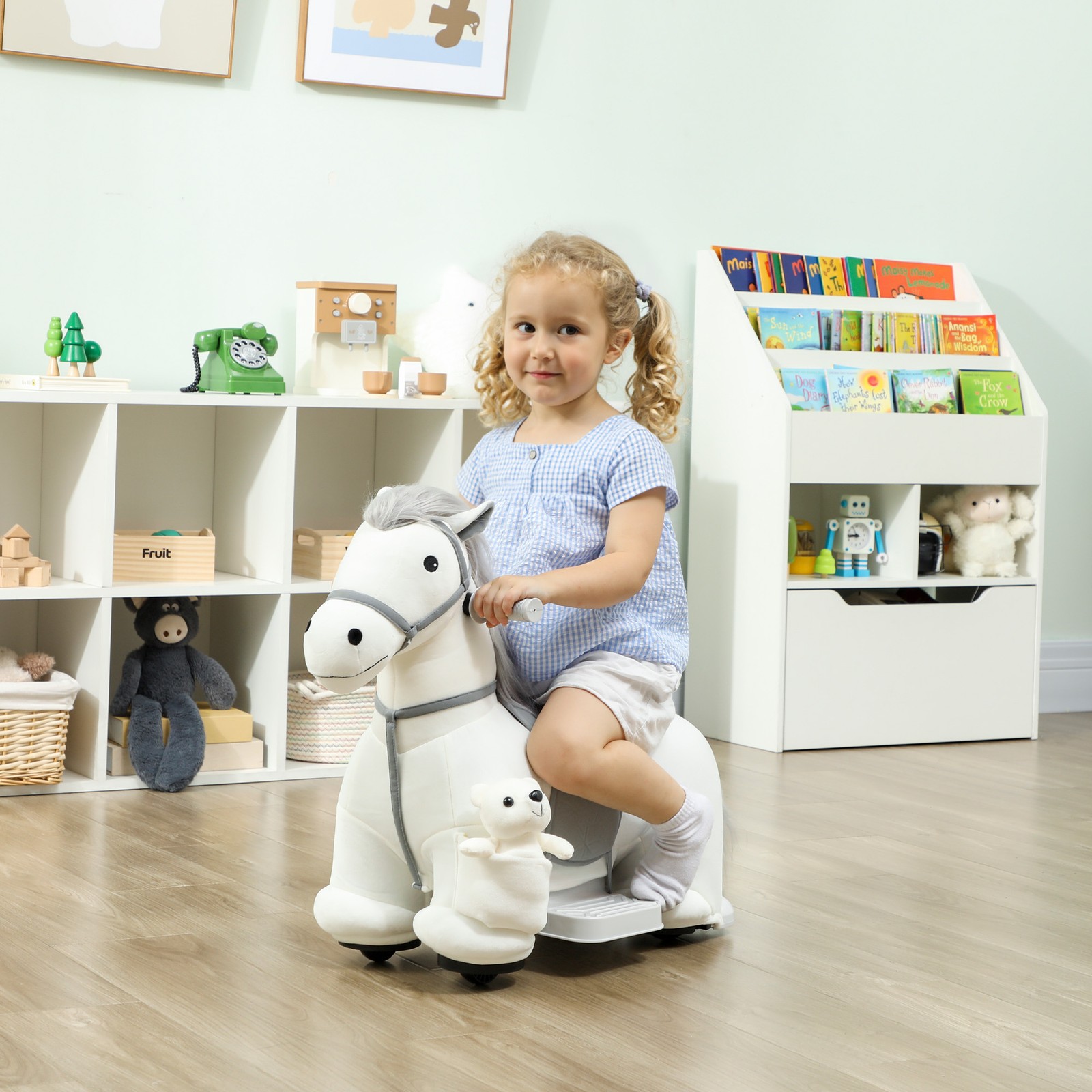 6V Ride On Horse, Battery Powered Ride on Toy with Bear Toy, Music