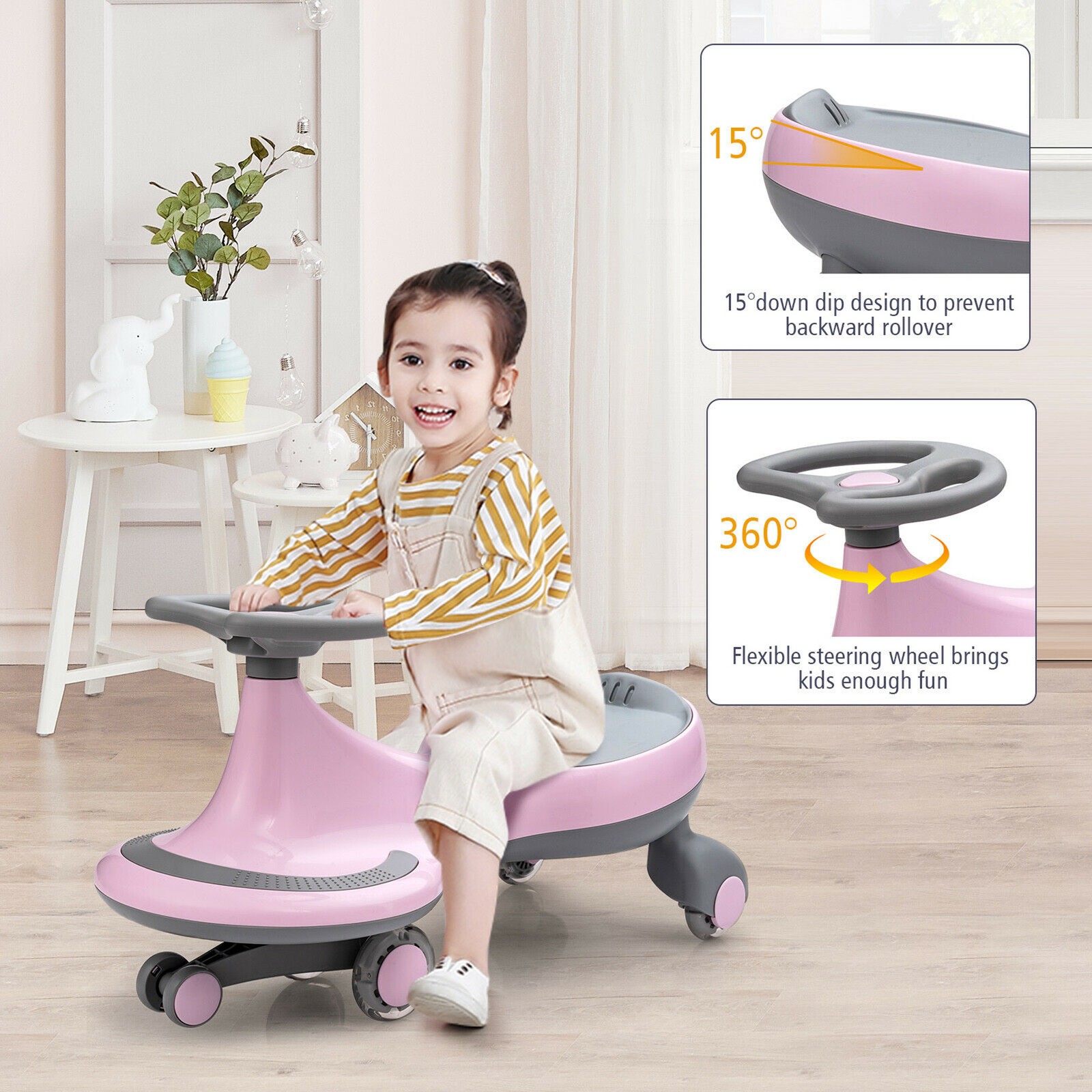 Wiggle Car Ride-on Toy w/ Flashing Wheels for Toddlers & Kids Pink