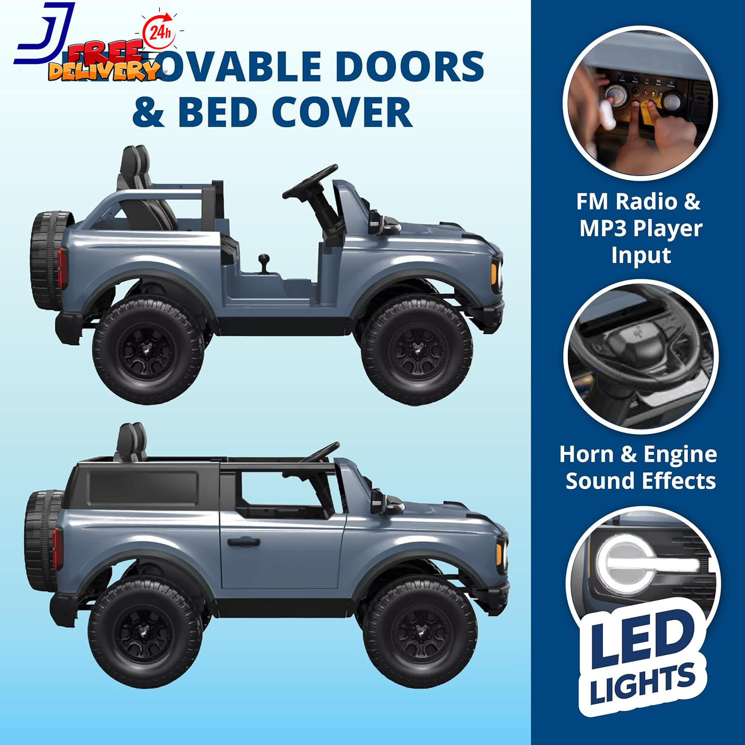 12V Ford Bronco Ride On Toy for Ages 3-7 Battery Powered LED Headlights Toys