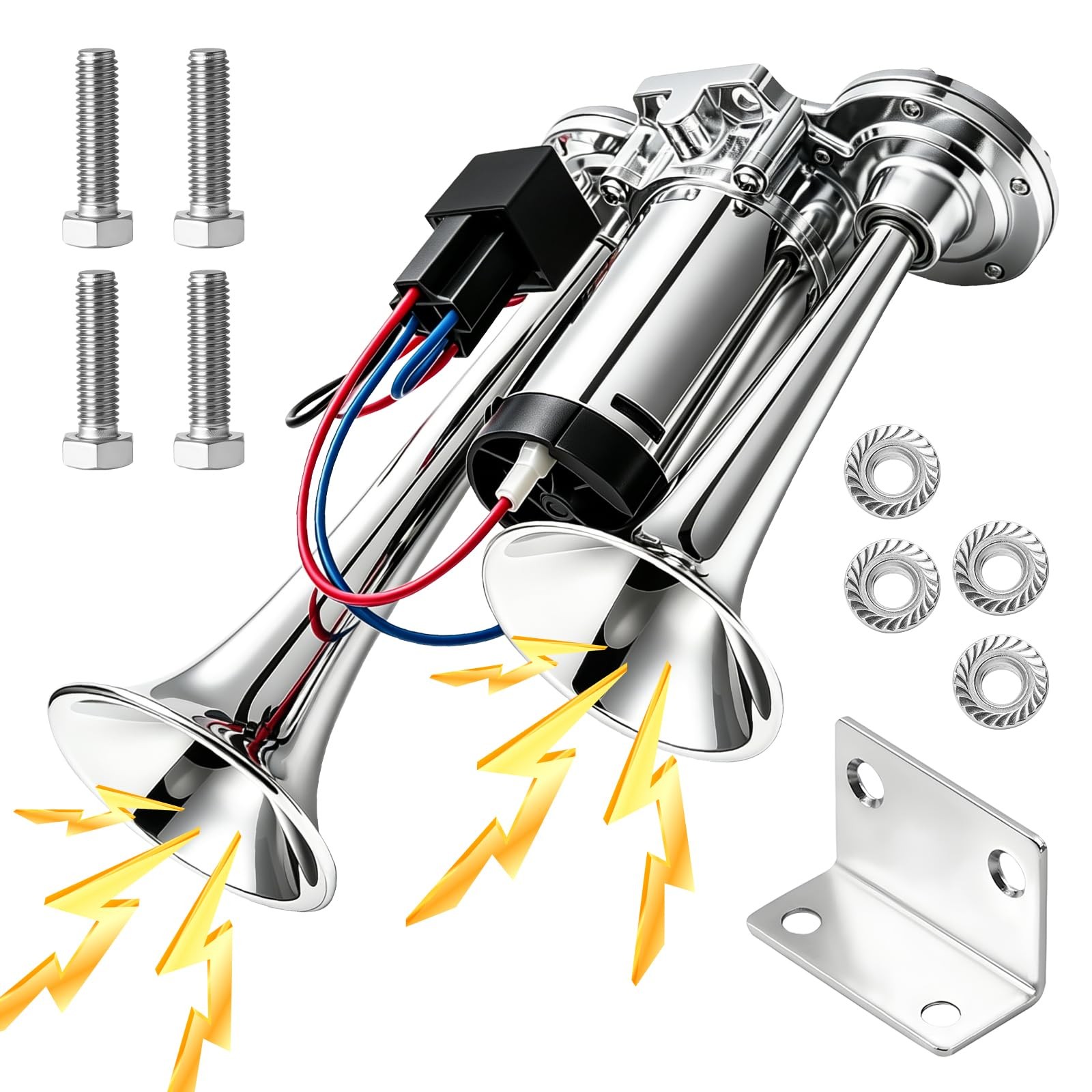 12V 600DB Super Loud Electric Air Horn, Silver Dual Trumpet Train Truck Horn …