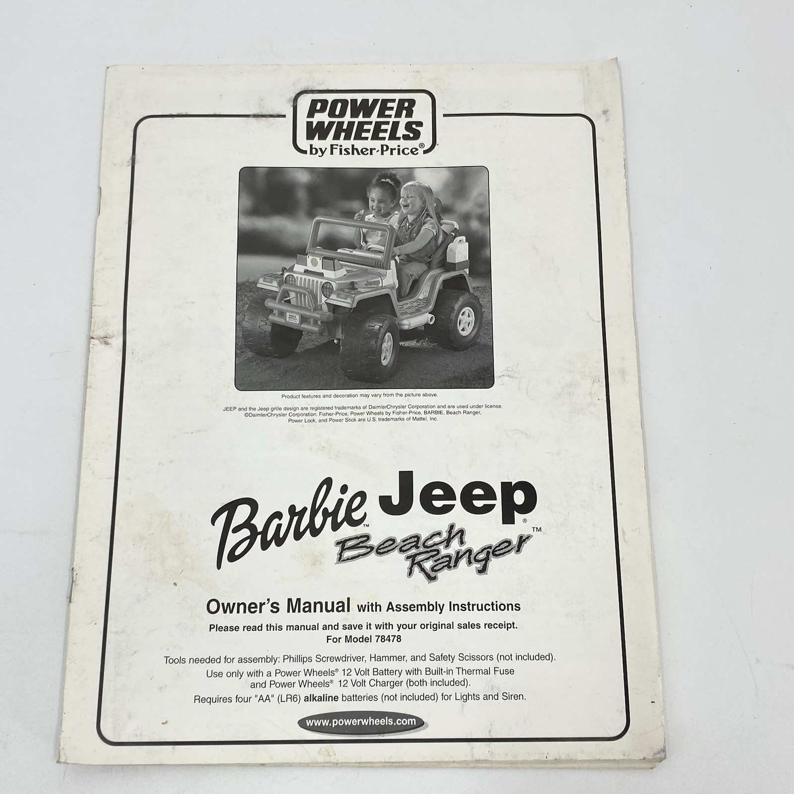 Power Wheels Barbie Jeep Beach Ranger Owners Manual Model 78478