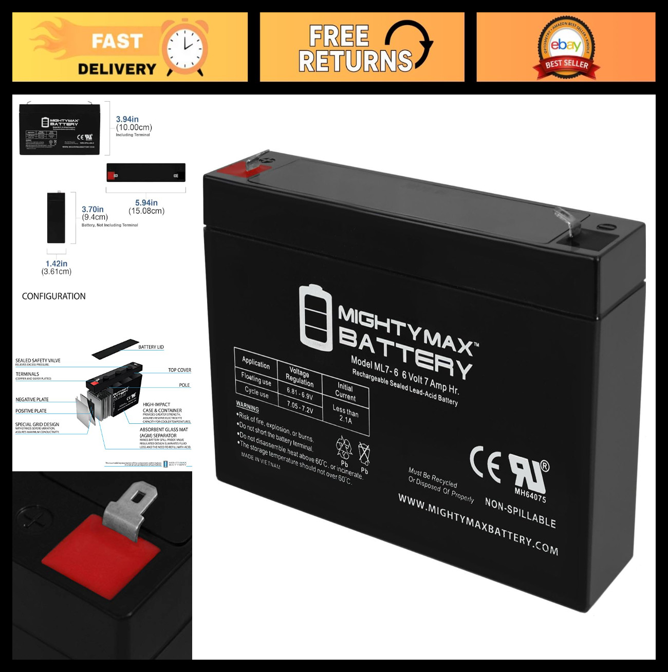 6V 7AH Replacement Battery for Kids Ride-On Cars, Power Wheels, Electric Toys