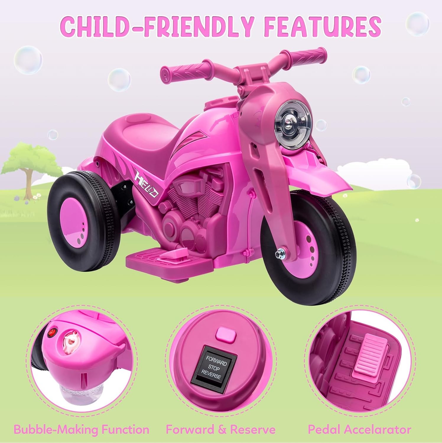 🌟 6V Electric Ride On Motorcycle 3 Wheel Kids Toy w/ Music Bubble Light