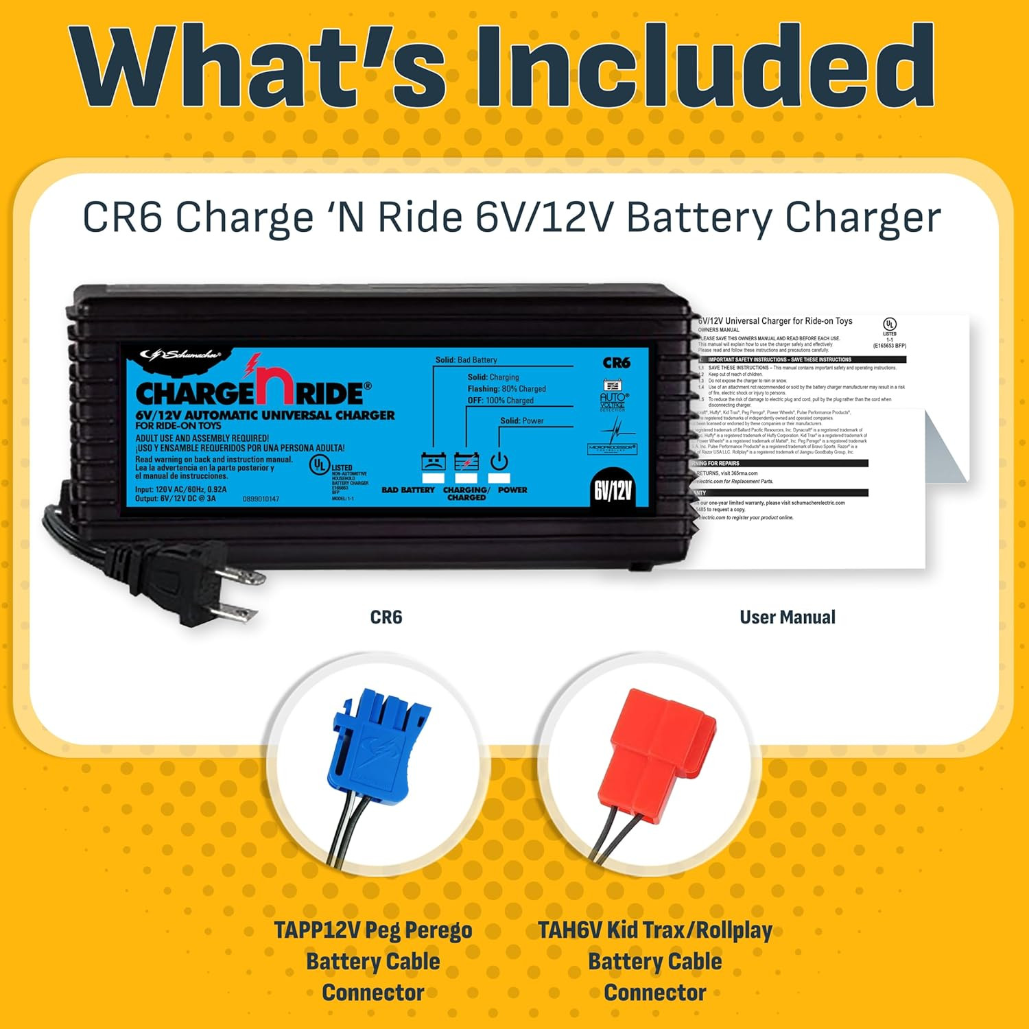 6 Volt / 12 Volt Battery Charger for Ride on Toys – Charge ‘N Ride CR6-3 Amp, Fu