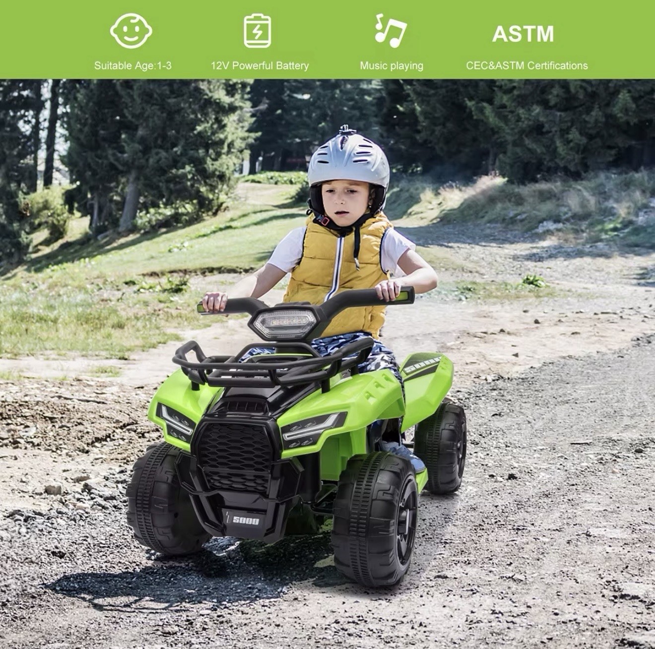 Green 12V Battery Operated ATV Ride-On Toy for Kids 1-3 Years, LED Headlamp