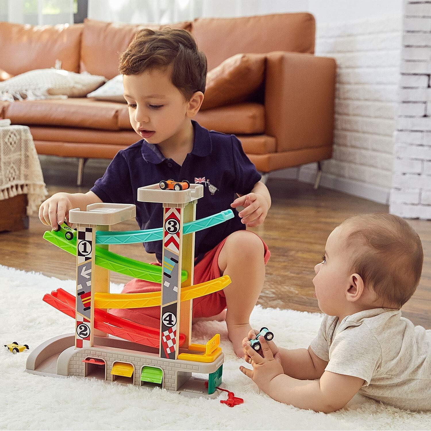 Interactive Toddler Race Track with 4 Wooden Cars – Ideal Gift for 1-3 Olds