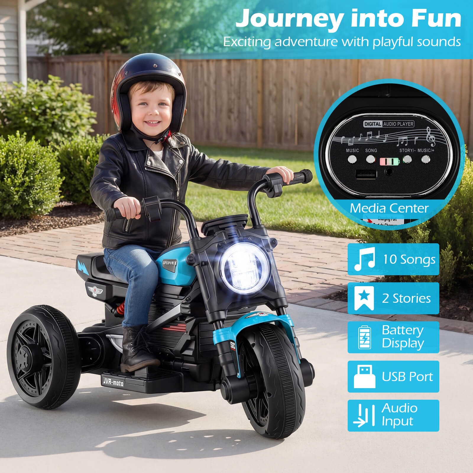 6V Kids Motorcycle w/Song,Story,LED Headlights,Accelerator Pedal & 3 Wheels,Blue