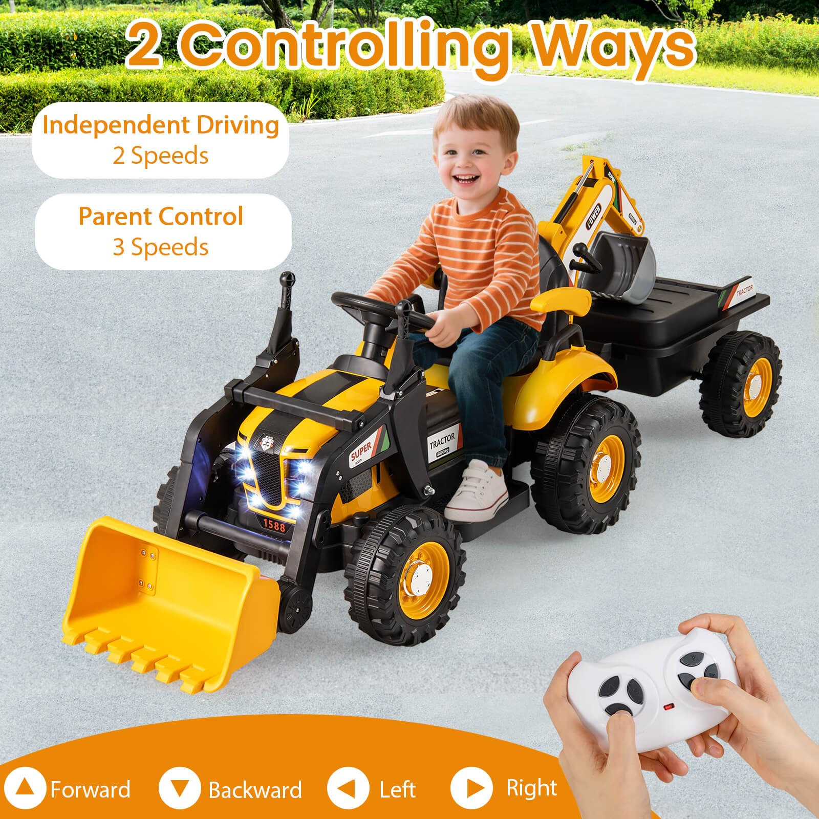 4 in 1 Ride on Tractor, Excavator & Bulldozer for Kids, Trailer, Shovel Bucket