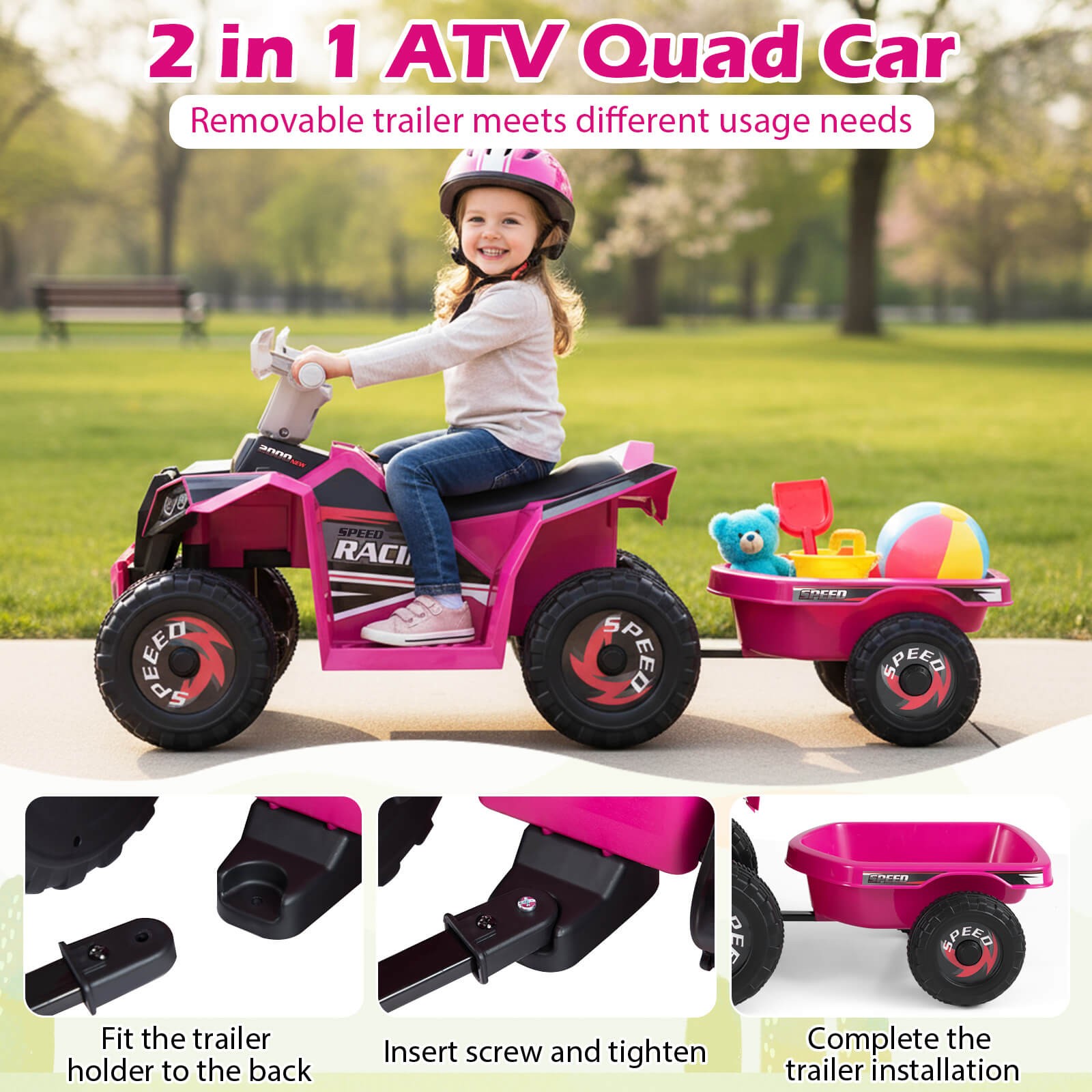 Kids Electric ATV Car, 6V Battery-Powered Ride on Toy w/Removable Back Trailer