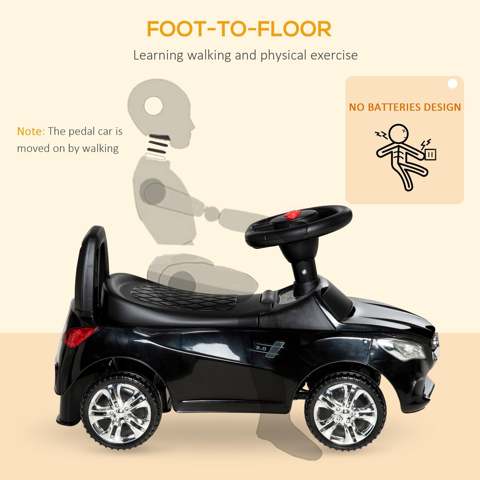 Educational Ride On Push Car 25x11x14.25in Horn Radio Lights Play Black