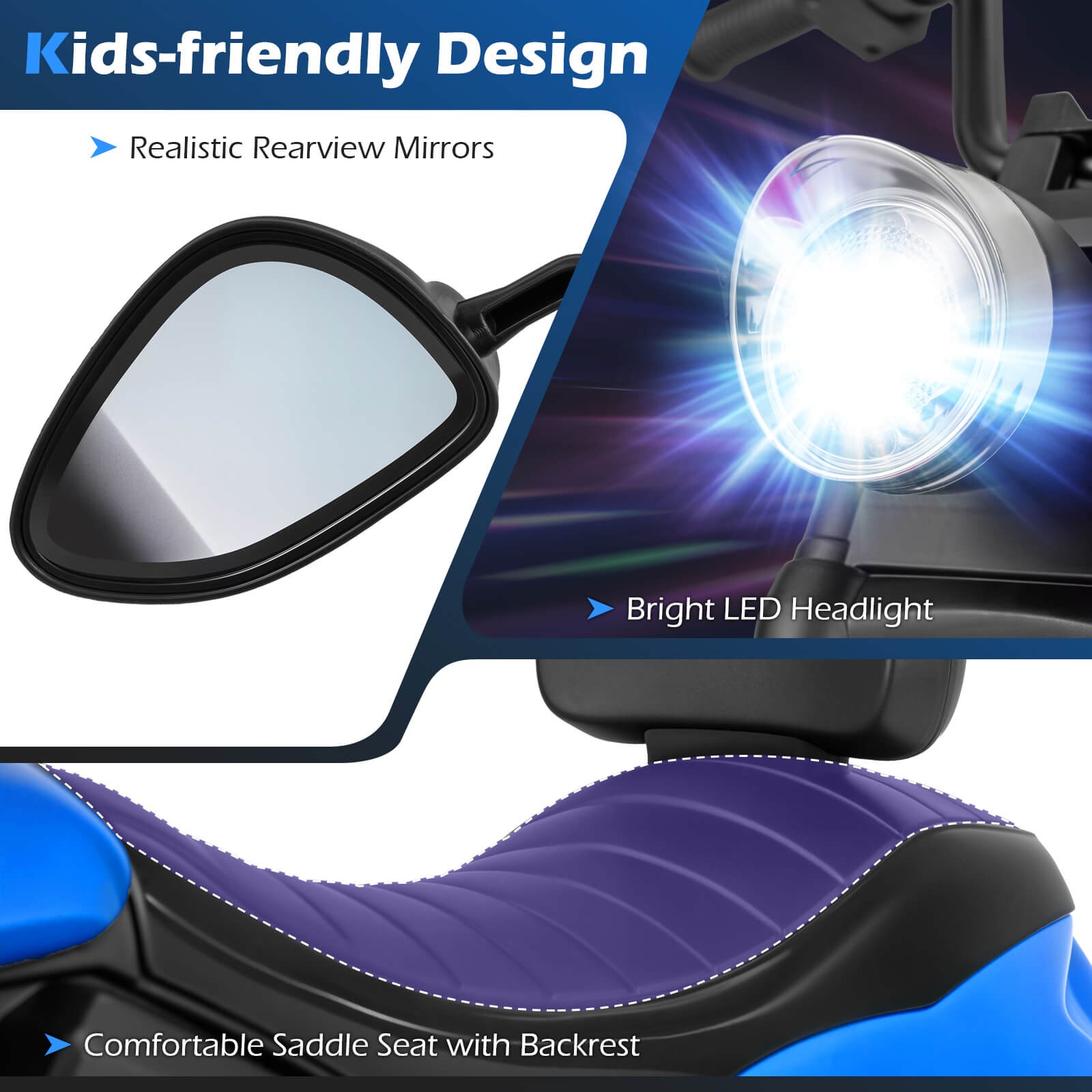 Kids Motorcycle w/Headlight, Music, Training Wheels, Foot Pedal for Boys Girls