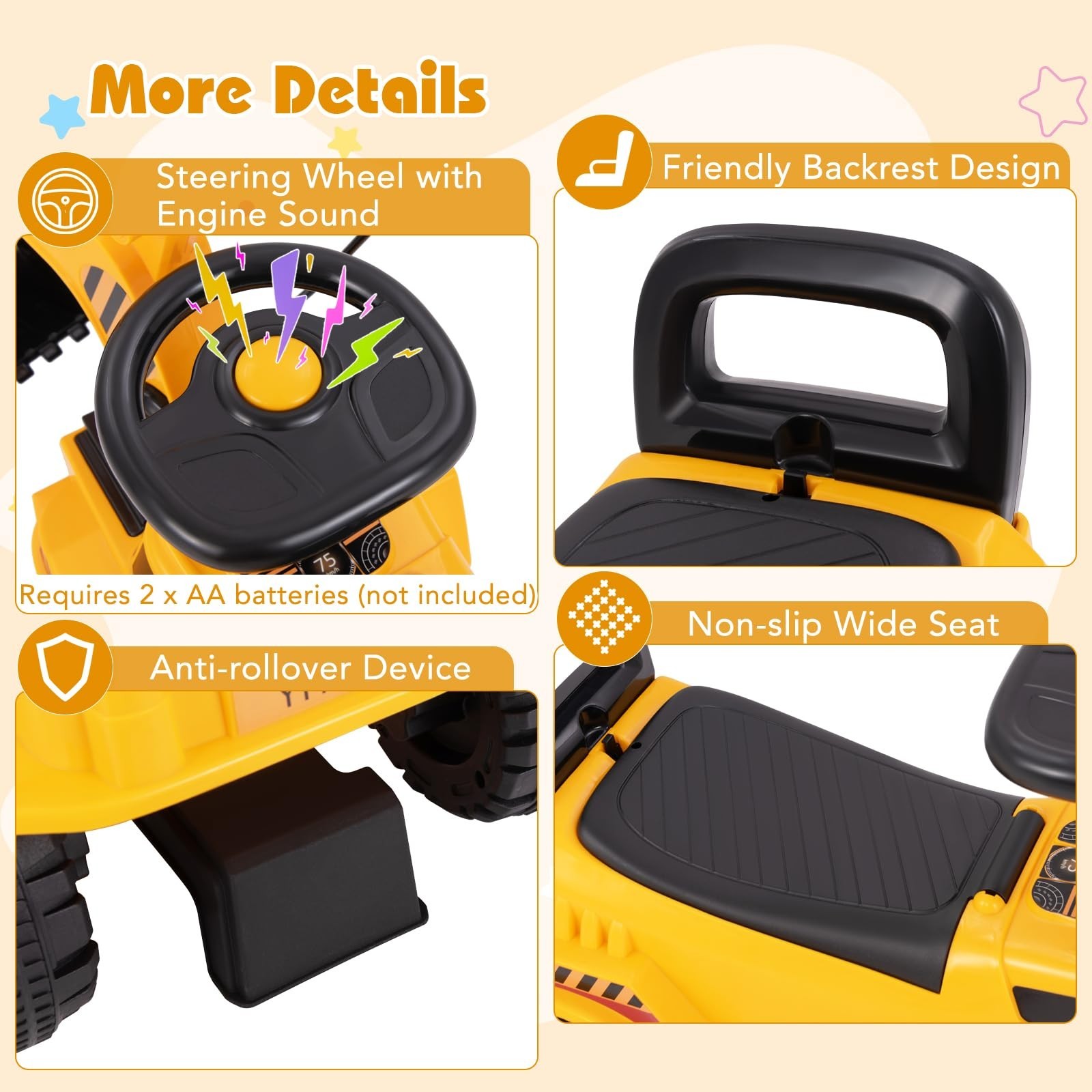 Kids Ride-On Excavator Digger Truck Toy with Working Shovel & Engine Sound, Stor