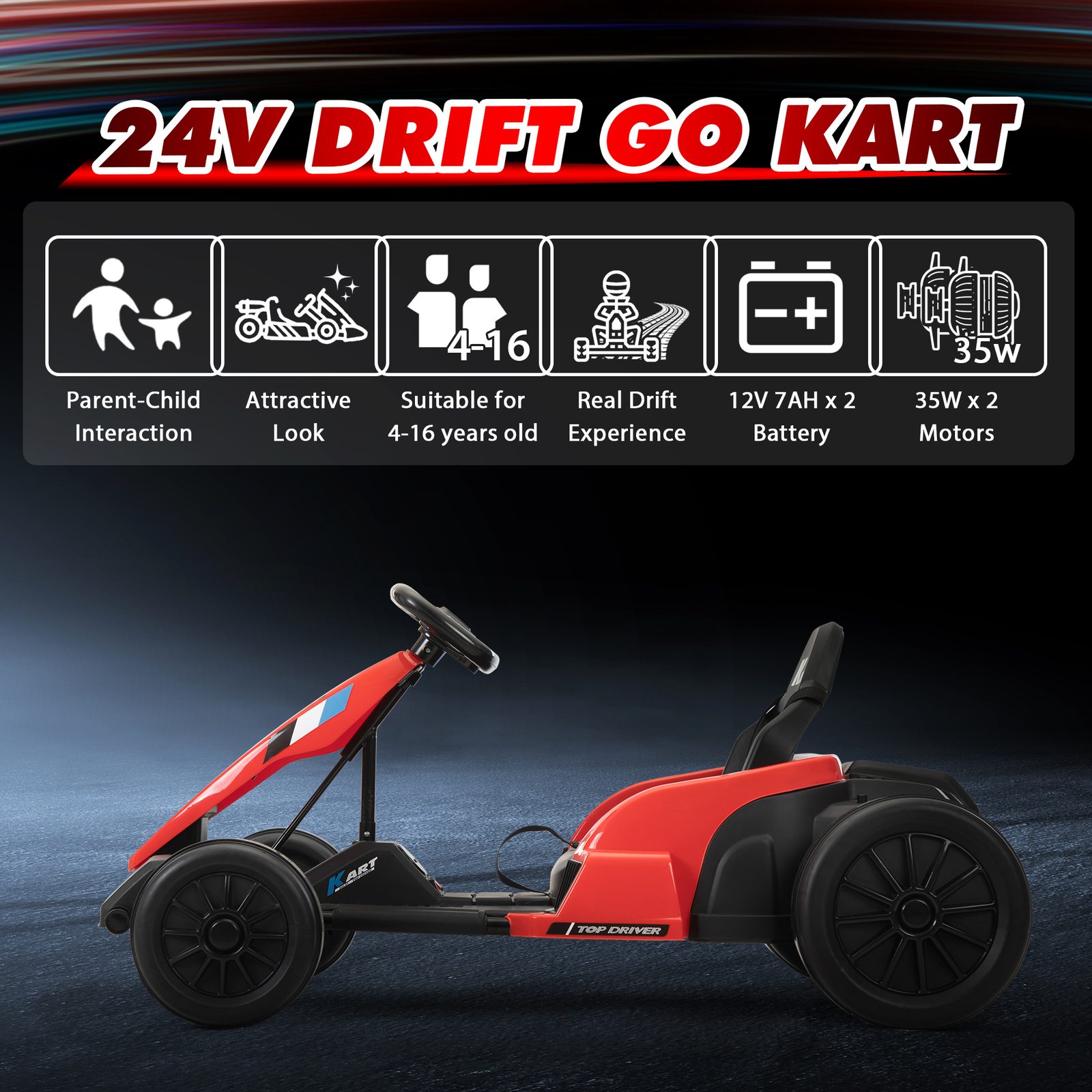 TOBBI 24V Kids Go-Kart Electric Power Ride On Toy Vehicle for Kids Aged 4-16