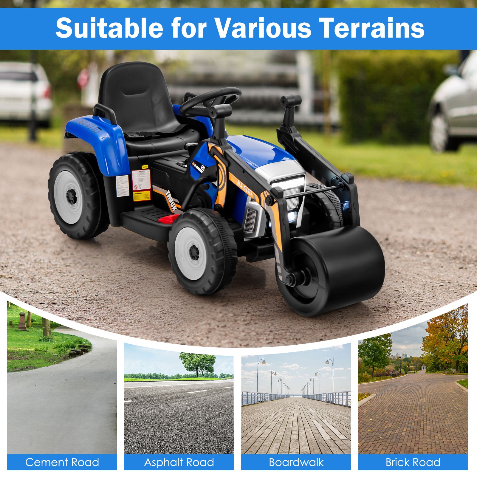 Kids Ride On Road Roller 12V Electric Tractor Remote w/ Music & LED Light