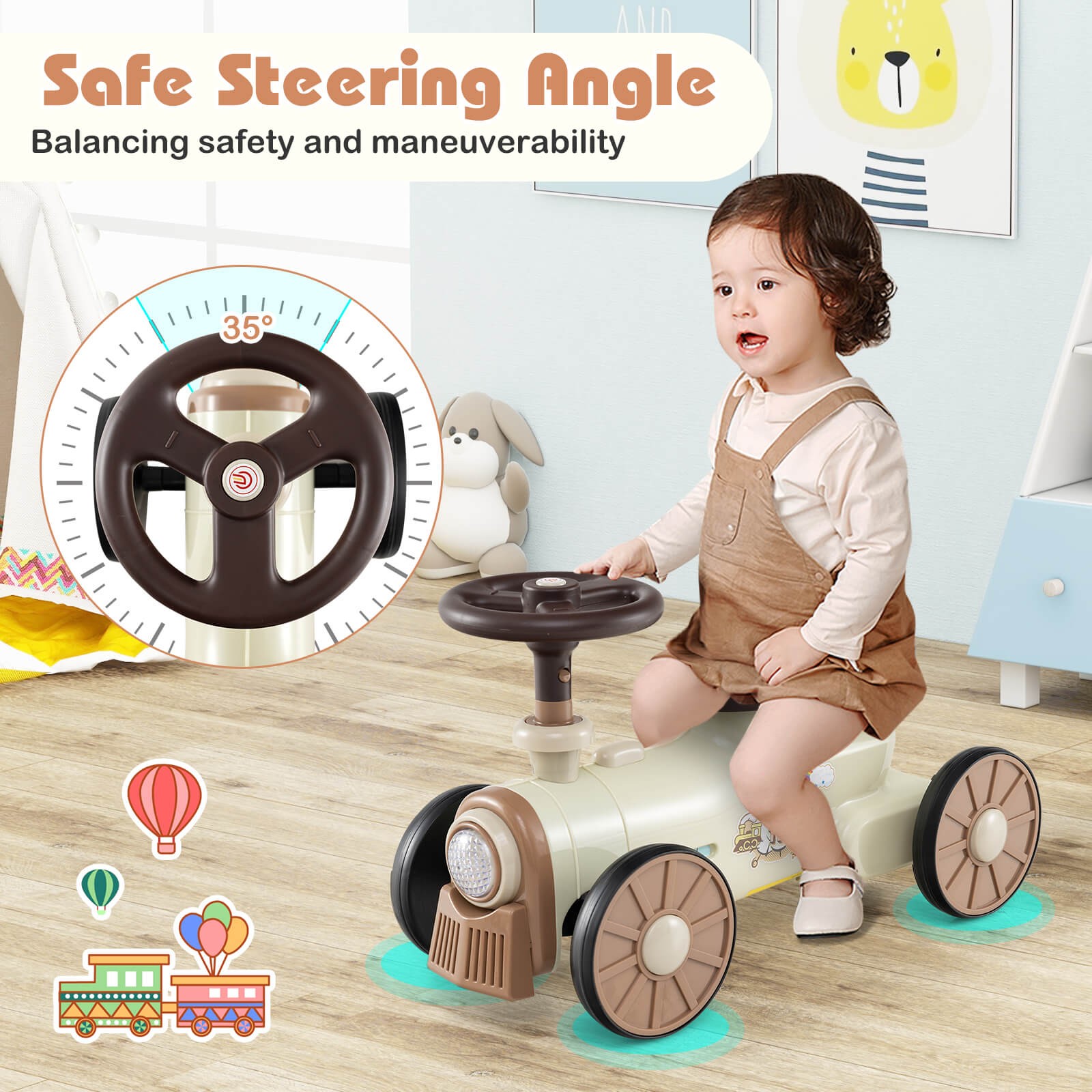 Ride on Push Car w/ Storage Compartment & Train Whistle Sound Button