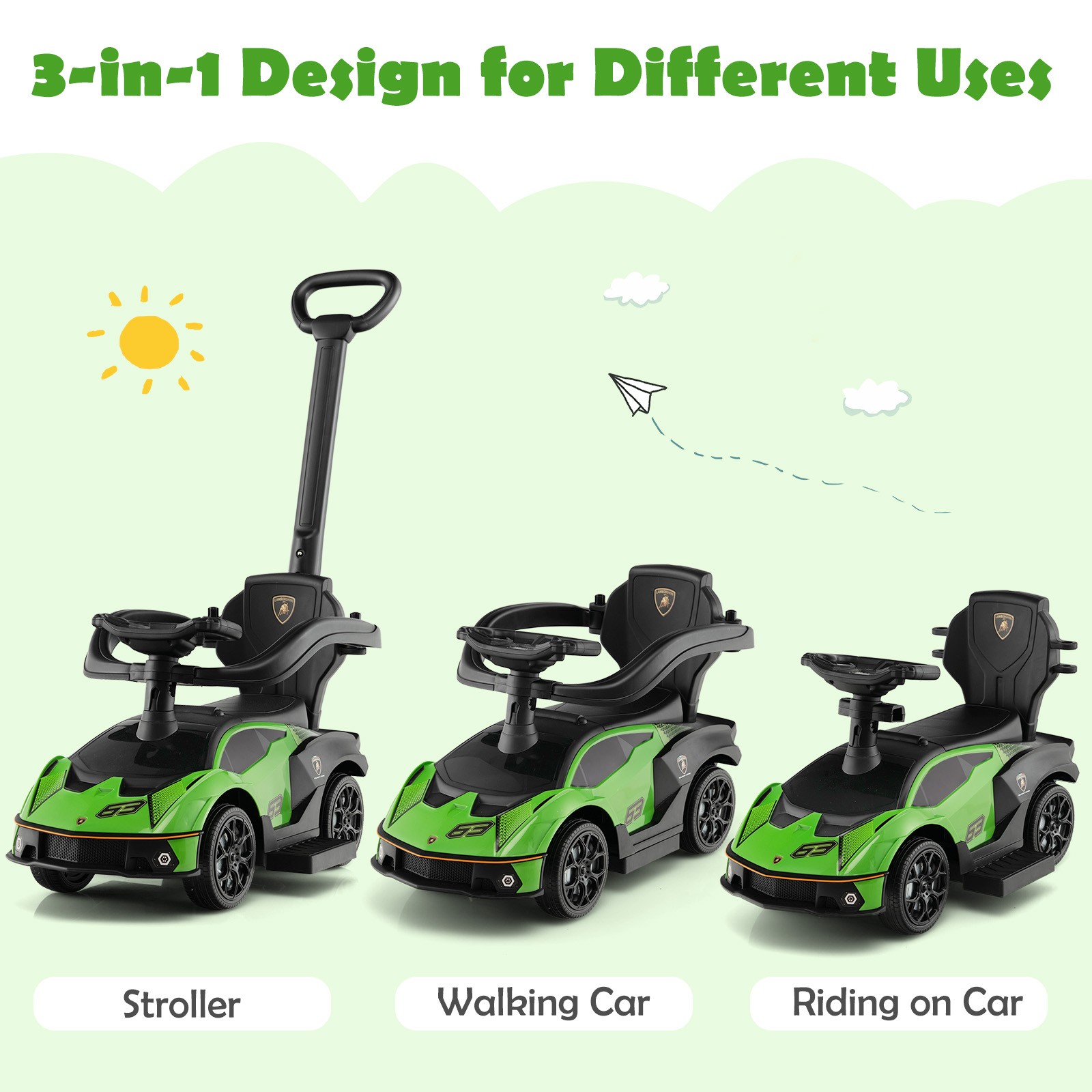 3-in-1 Licensed Lamborghini Ride on Push Car Stroller Sliding Car w/ Sound Green