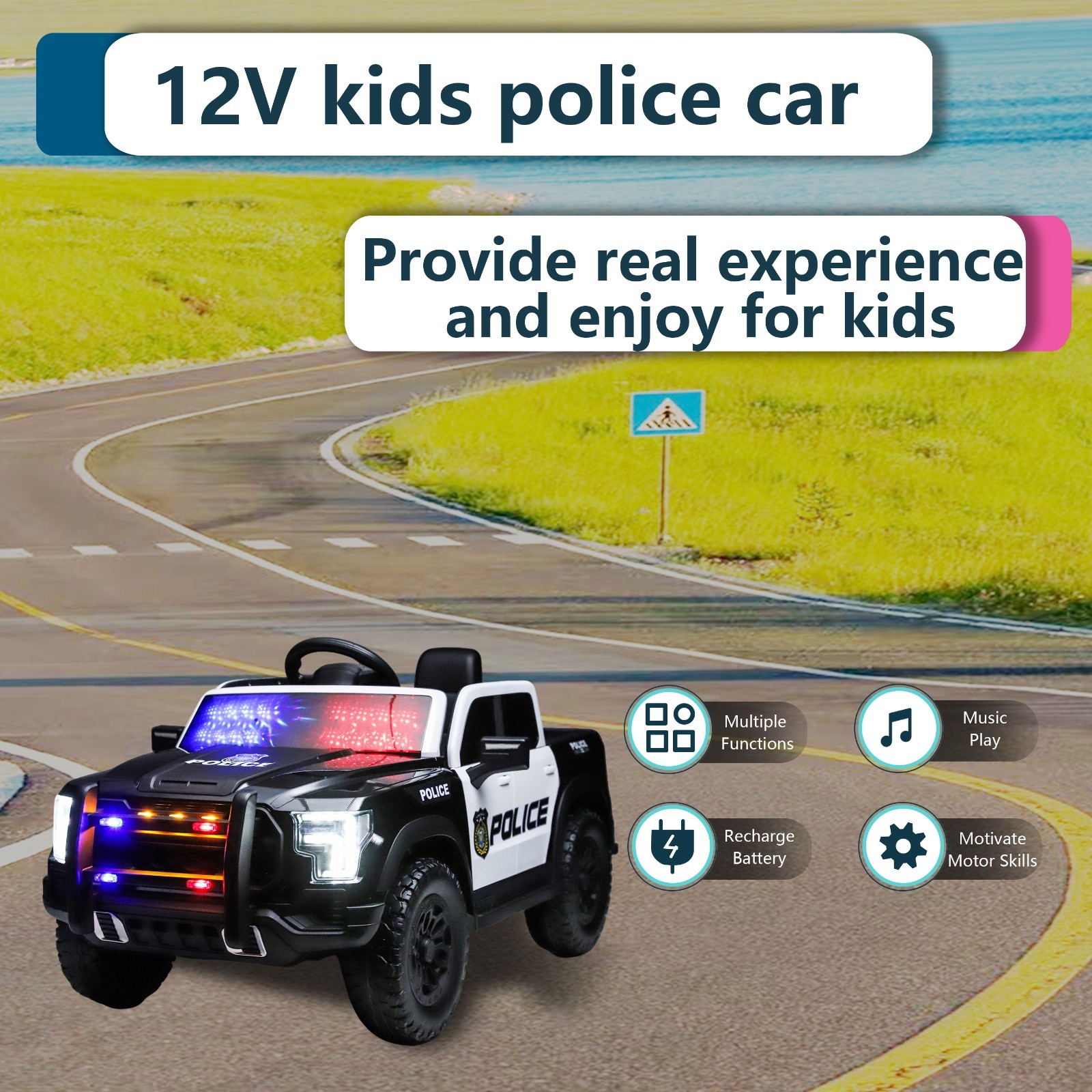 Kids Ride On Police Car 12V Dual Motors Remote Control Music Lights