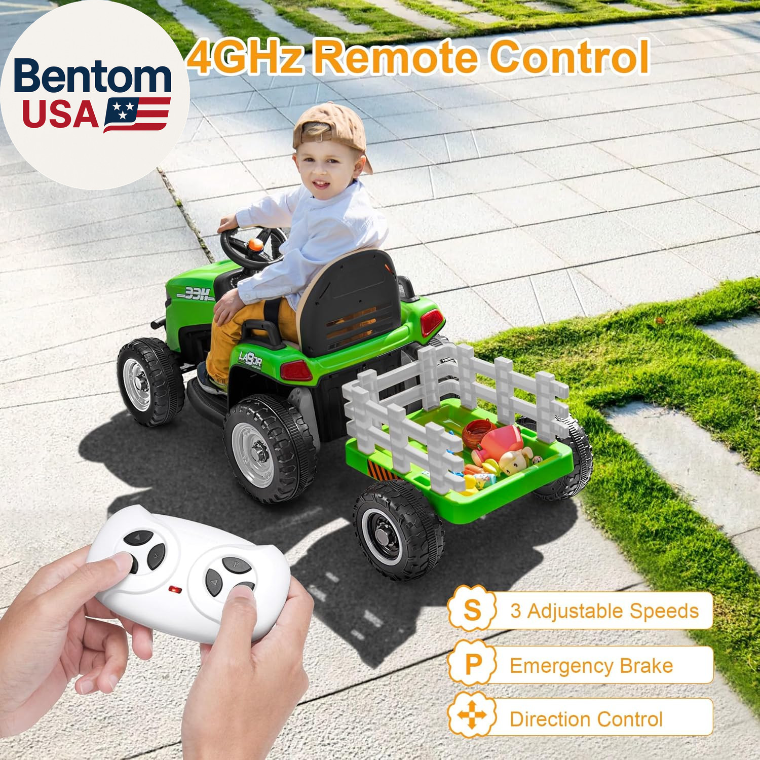 12V 7AH Ride on Tractor W/Tiltable Trailer & Remote Control, 2X45W Motors, Bluet