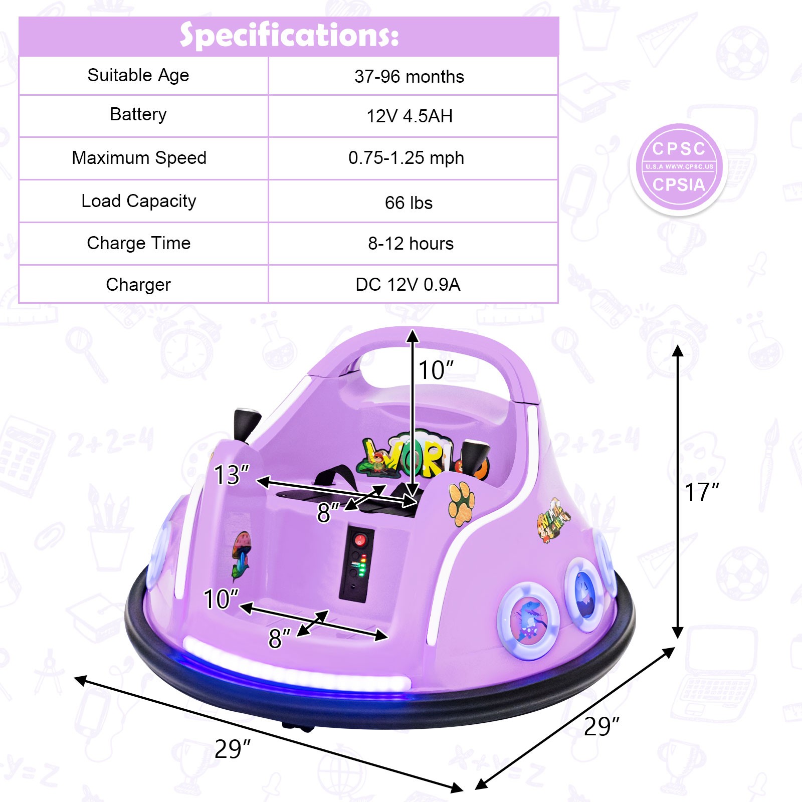 12V Kids Ride on Bumper Car Remote Control w/ Flashing LED Light & Music Purple