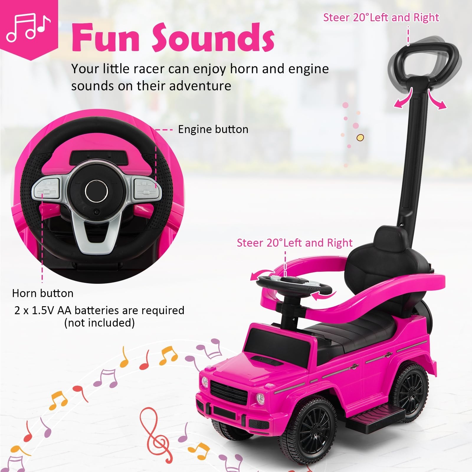 Ride-On Car for Toddlers, Removable Canopy, Anti-Tipping Design, Engine Sound, P