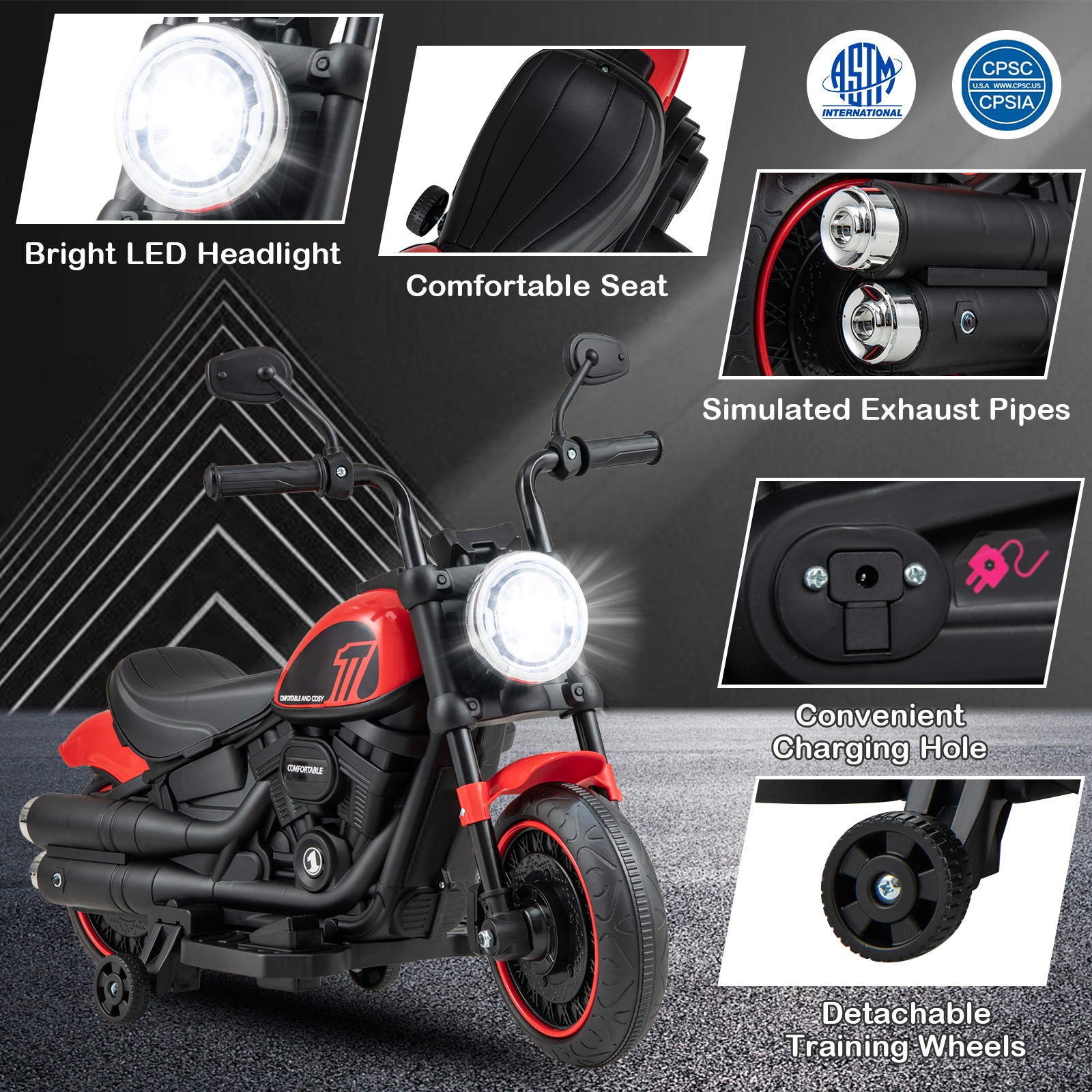 6V Kids Electric Motorcycle w/ Training Wheels LED Headlights Music Board Red