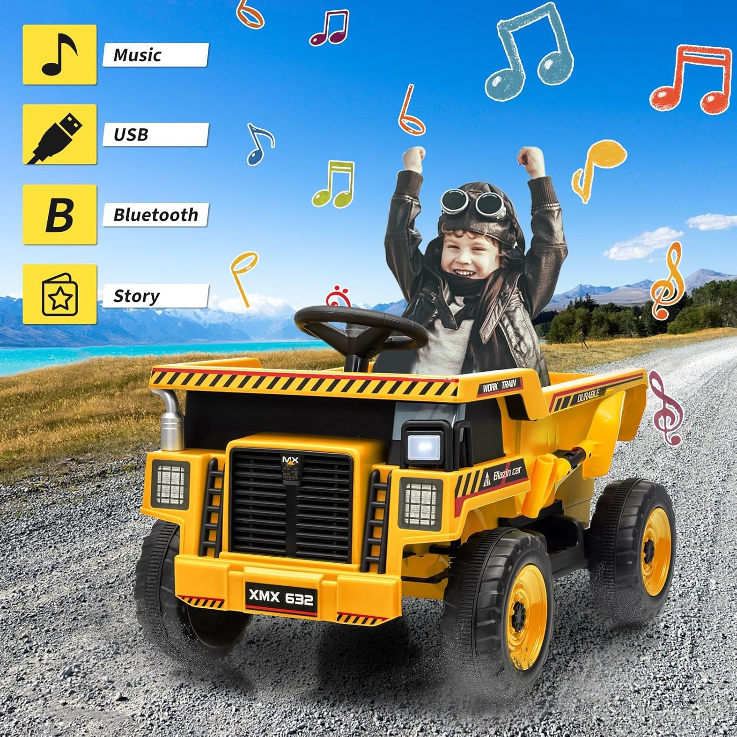 Kids Ride On Dump Truck 12V Remote Control Car Toy with Electric Dump Bed LED
