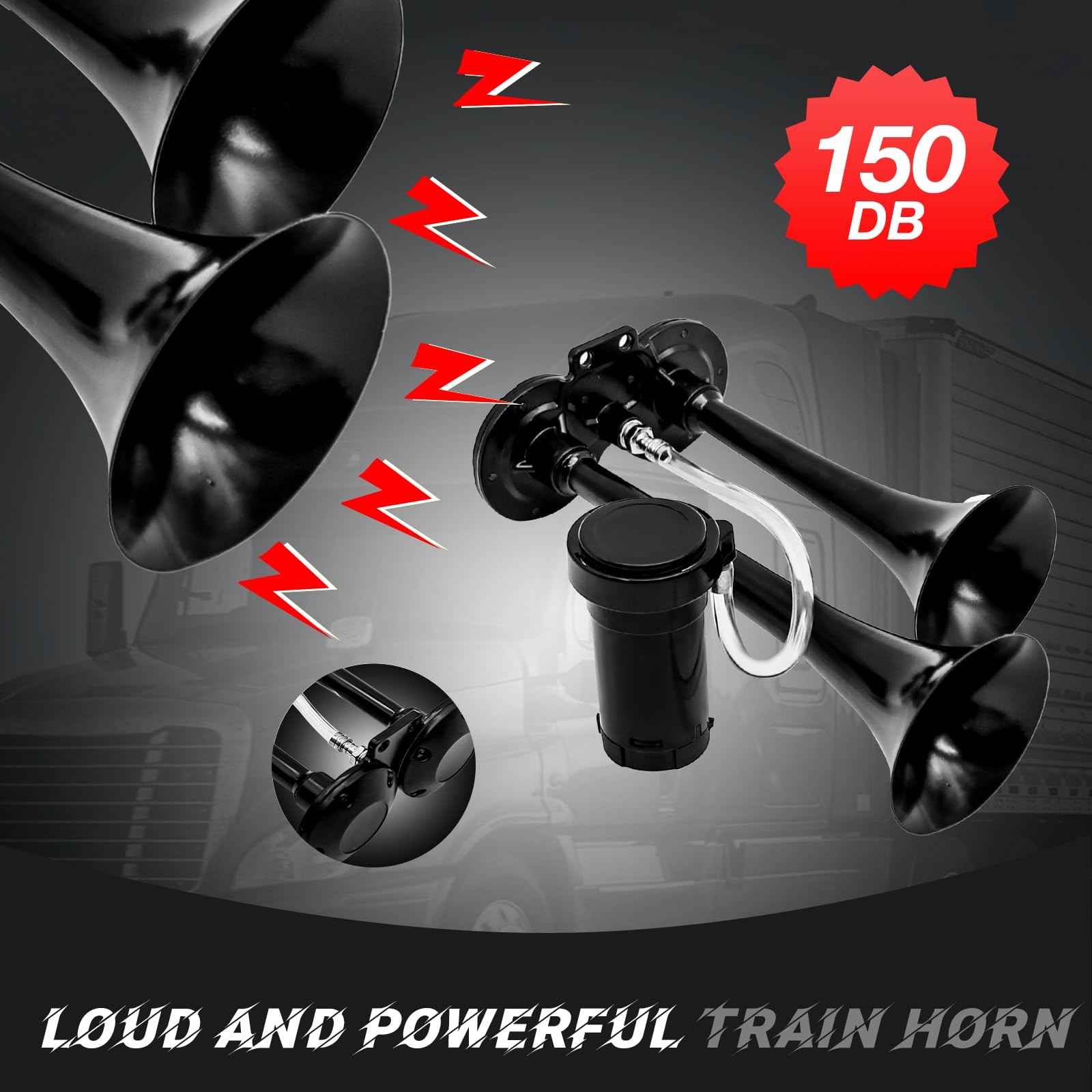 Black Dual 12V Air Horn Kit 150DB Train Horns 120 PSI Compressor Vehicles