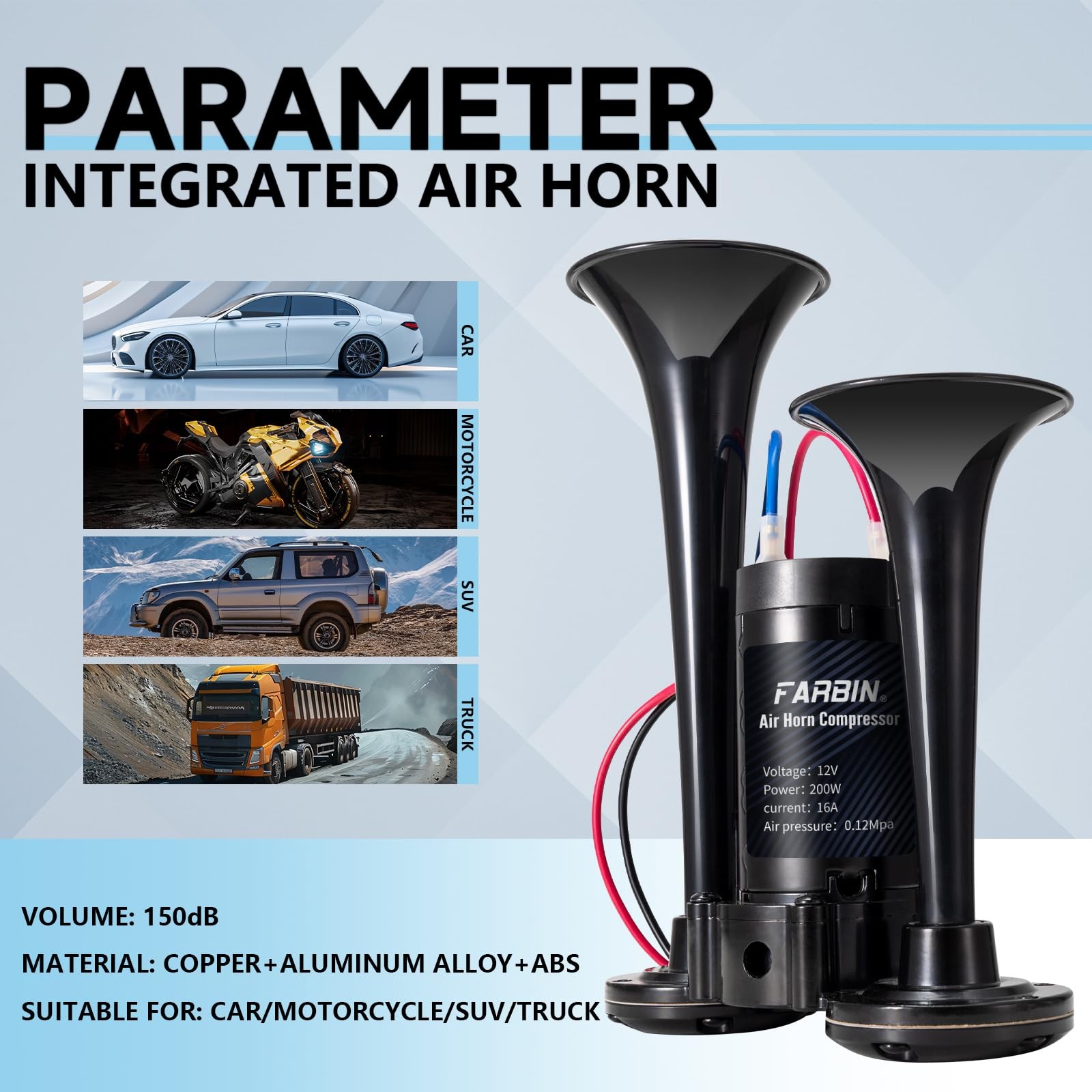 Black Air Horn for Truck Train Horn for Car Loud Car Horn with Button Truck H…