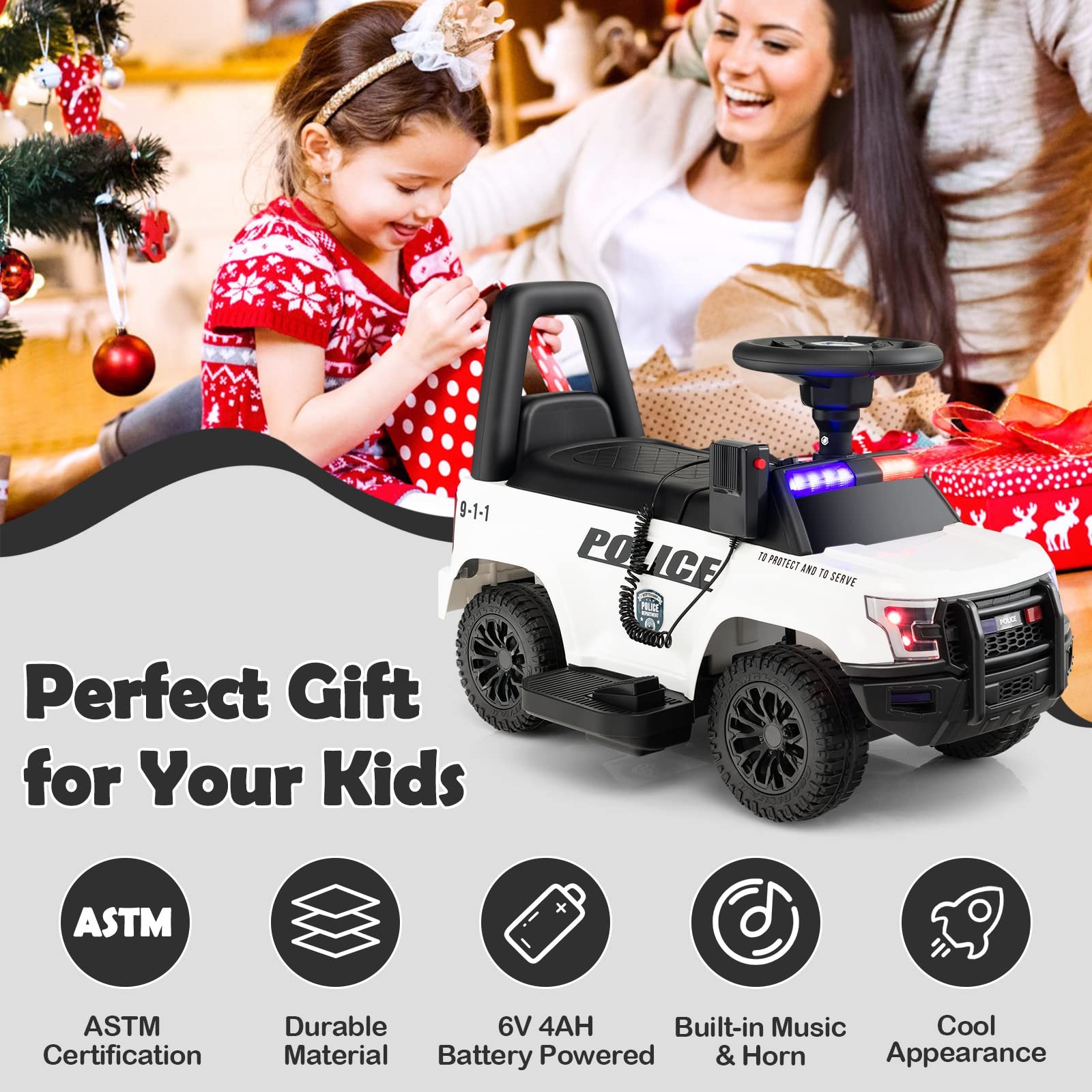 Kids Ride On Police Car, 6V Battery Powered Electric Toy Car w/Real Megaphone…