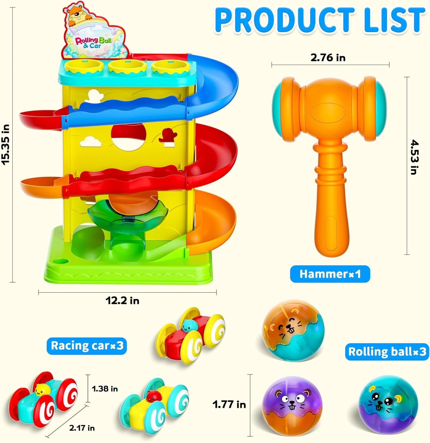 2-in-1 Light Up Rolling Ball & Racing Car Ramp Toddler Toy Race Track Hammer