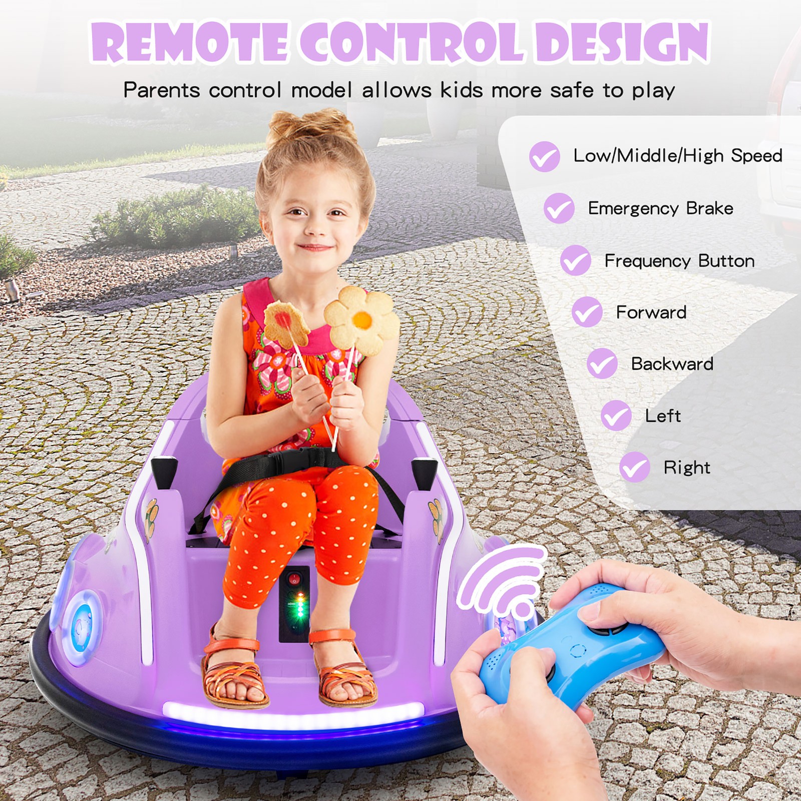 12V Kids Ride on Bumper Car Remote Control w/ Flashing LED Light & Music Purple