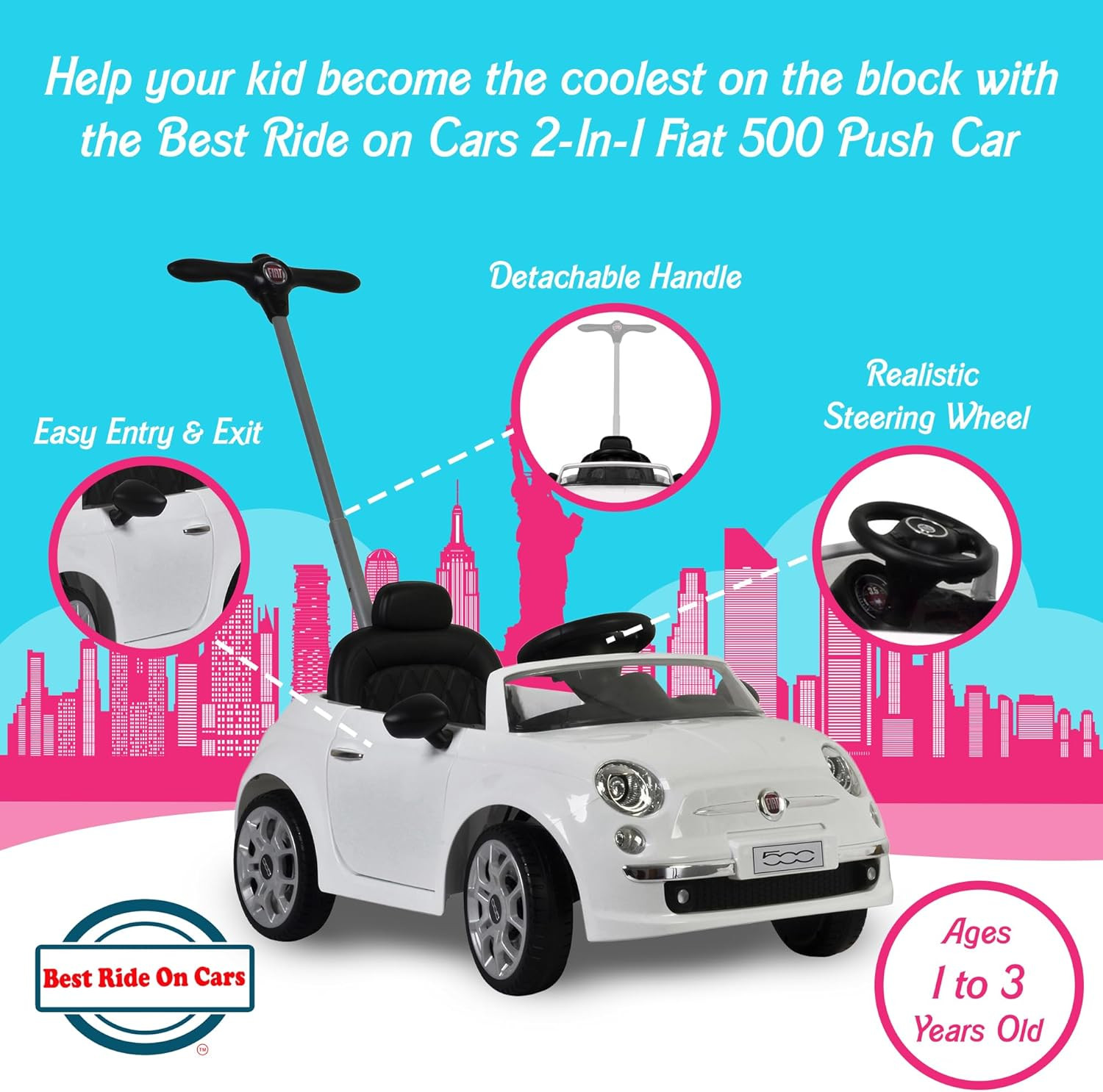 Fiat 500 Ride on Push Toy Baby Car Stroller for Toddlers 1 to 3 Years Old with M