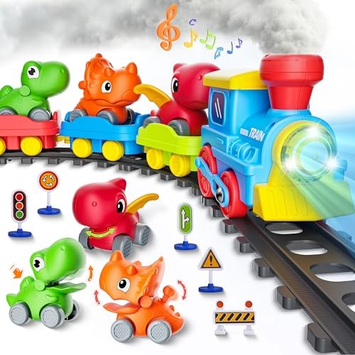 Train Set for Toddlers with Steam, Music, Lights and 3 Cars | Electric Dinosaur