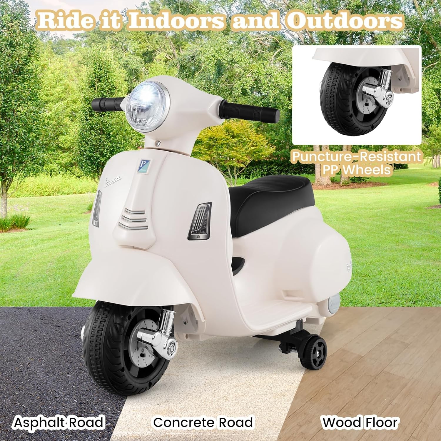 Kids’ Electric Vespa Motorcycle with Training Wheels and Realistic Design.