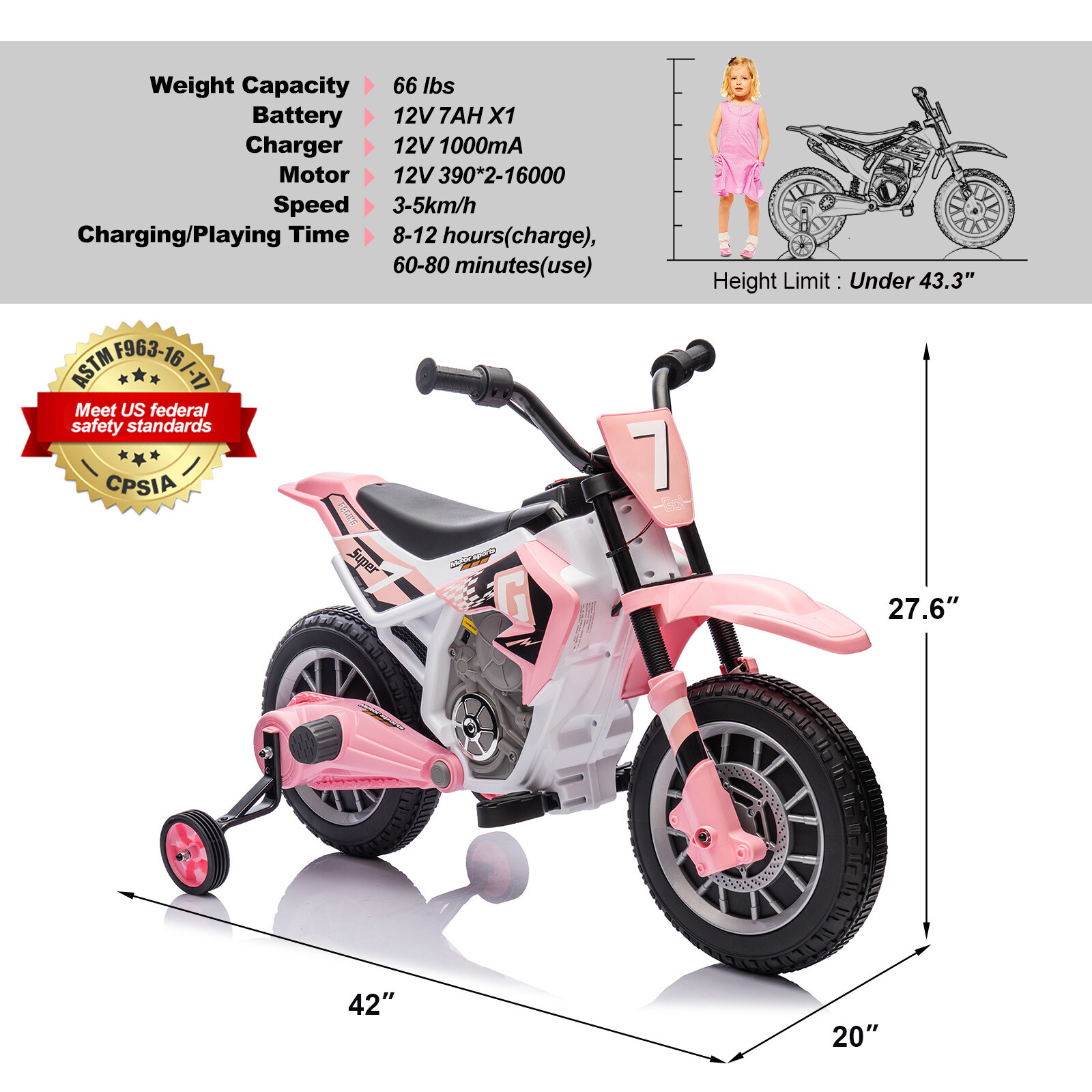 12V Kids Ride On Motorbike Motorcycle Dirt Bike with Music,Training Wheels Pink