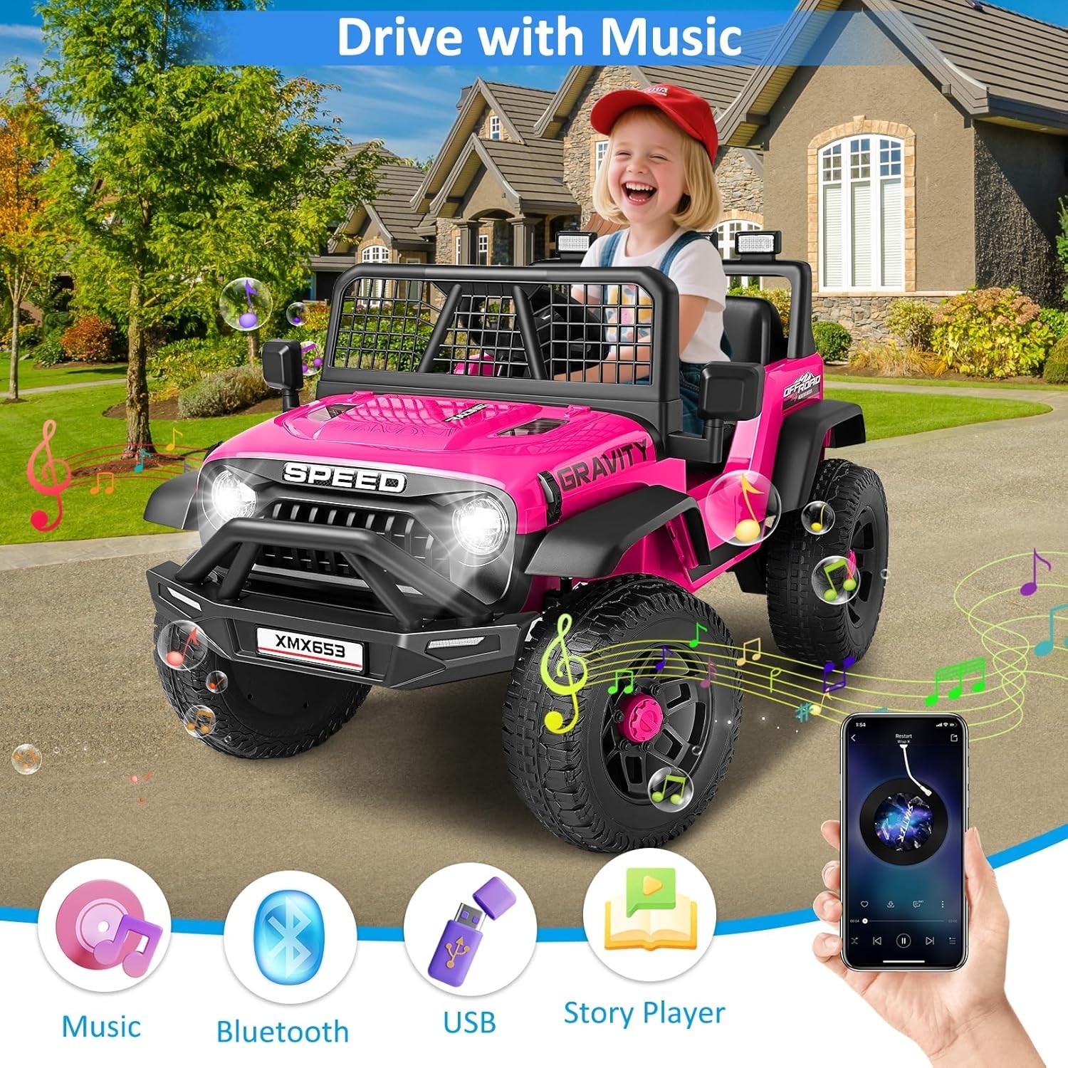 24V Kids Ride on Car with Remote Control LED Lights, 3 Speeds Electric Car Gift