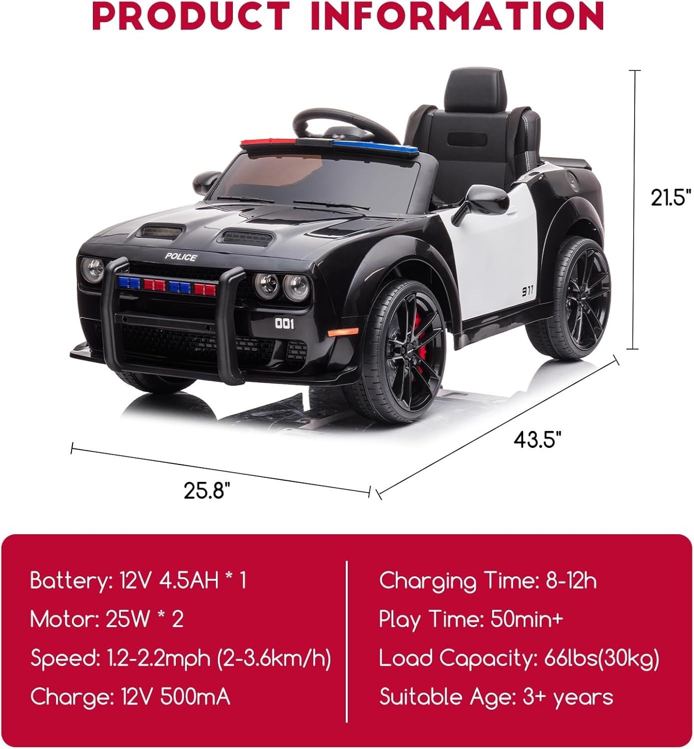 12V Ride-On Police Car Dodge Licensed, Remote Control, 3 Speeds, MP3,Safe Design