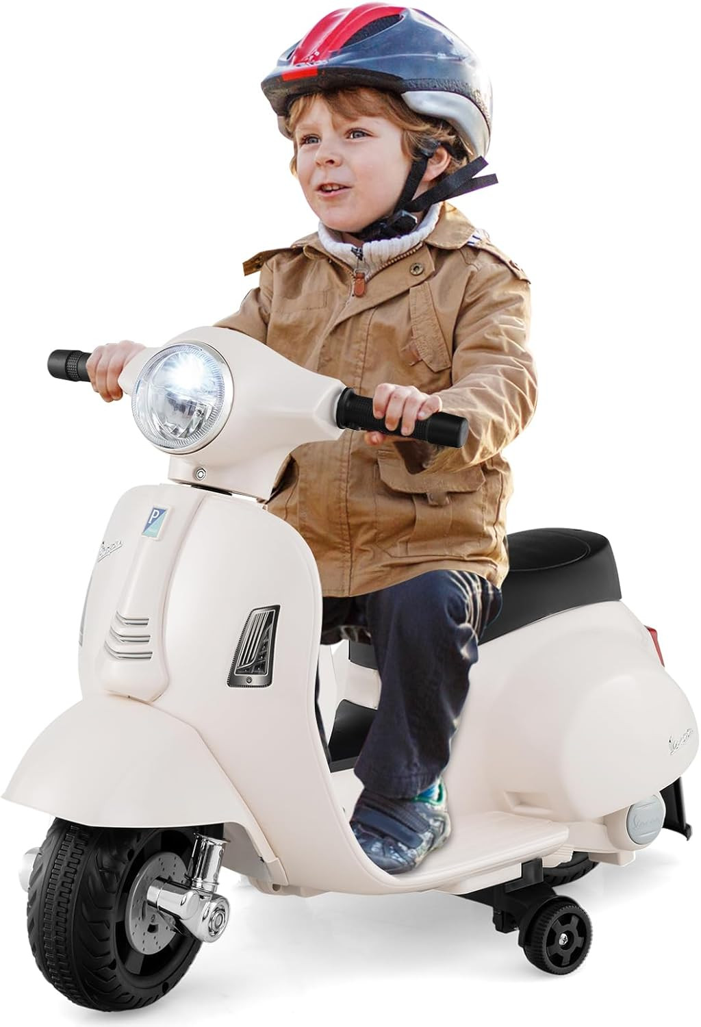 Kids’ Electric Vespa Motorcycle with Training Wheels and Realistic Design.