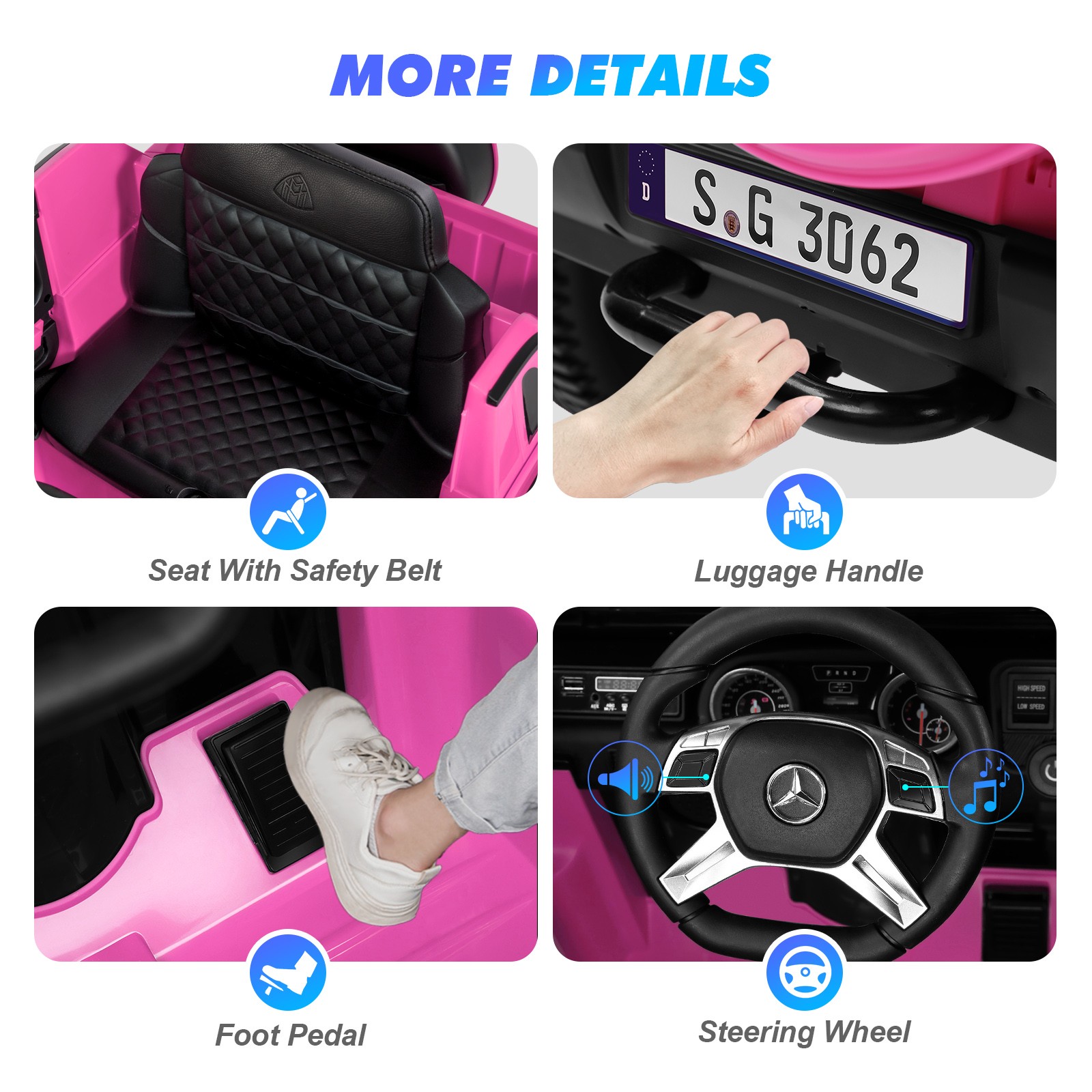 JOYLDIAS Electric 12V Kids Ride On Mercedes-Benz Car w/3 Speeds,LED,Remote,Pink