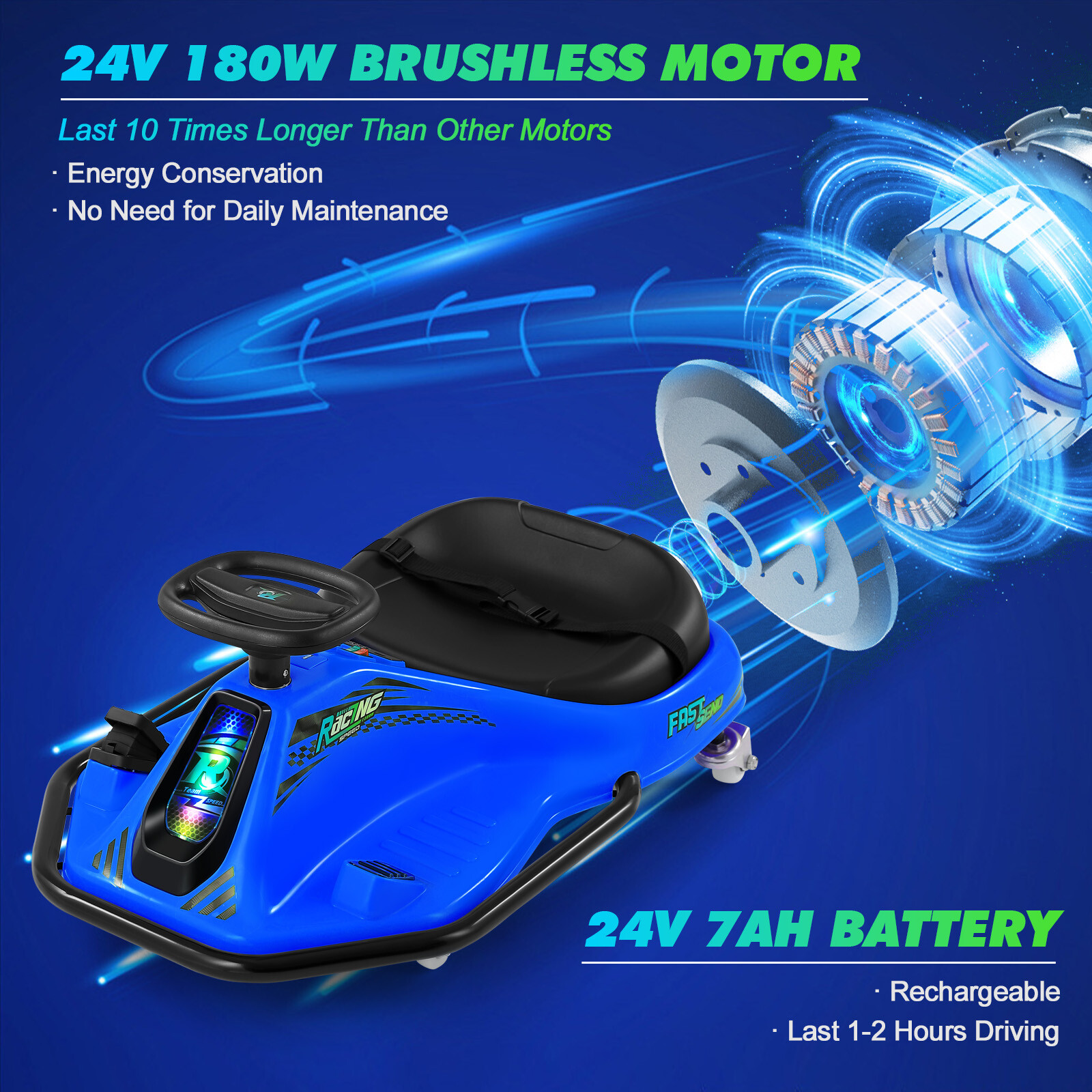 360° 24V Kids Electric Drifting Go Kart Ride On Cart with Bluetooth (Blue)