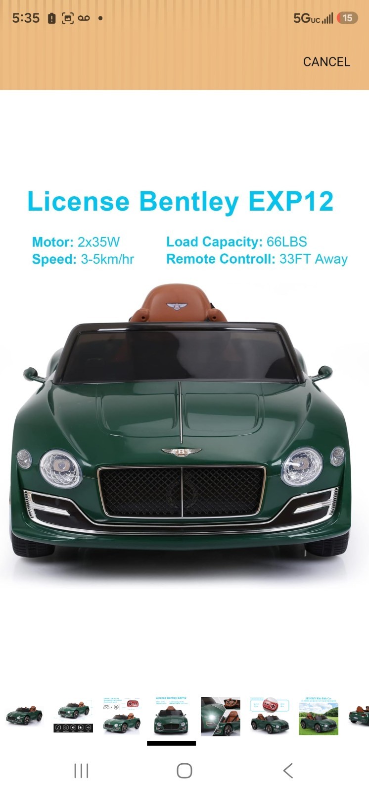 Full Assembled, Gently Used Bentley Green Battery Powered Ride-On Car