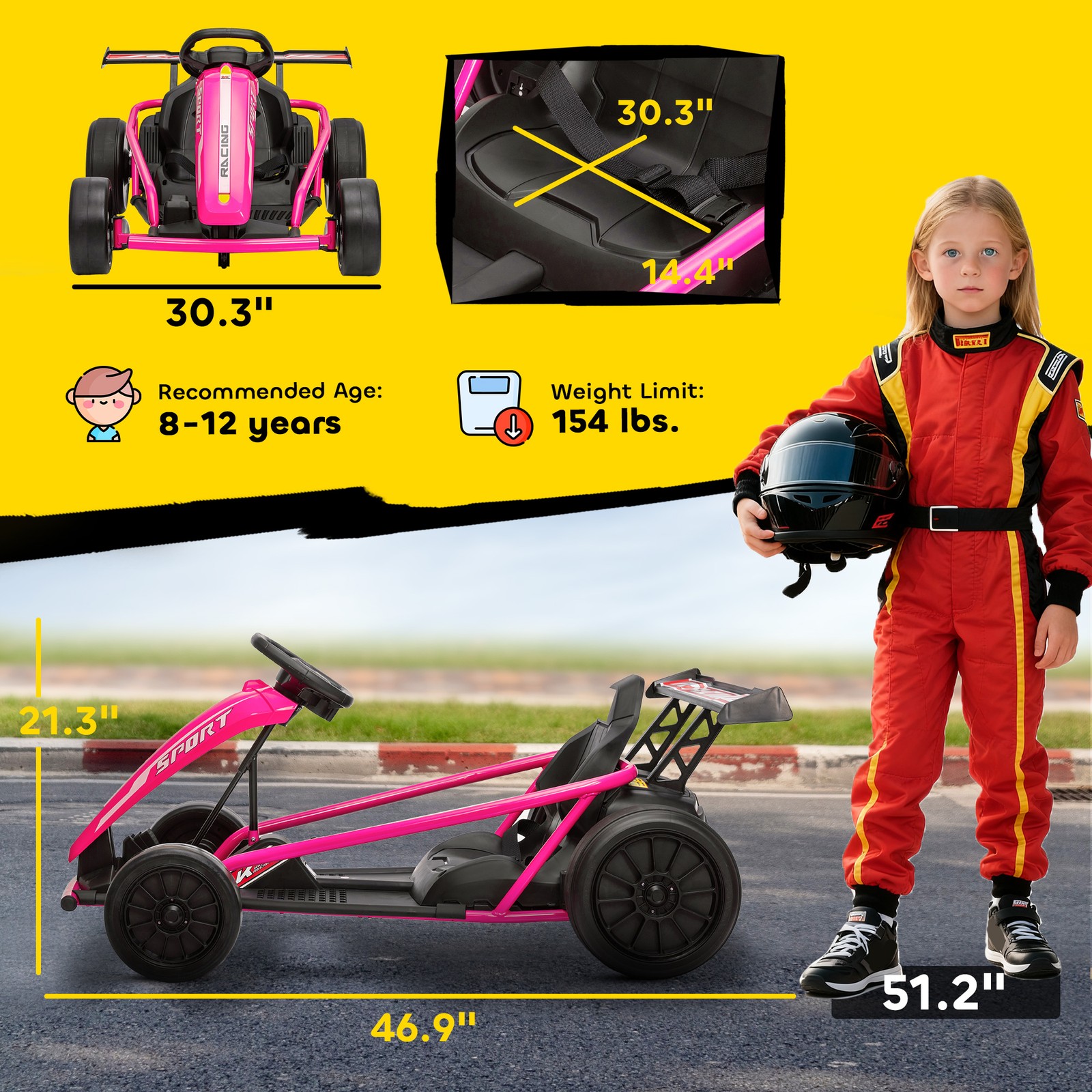 24V 8.1 MPH Electric Drift Kart for Kids with Dual Motors, Soft Start, Pink