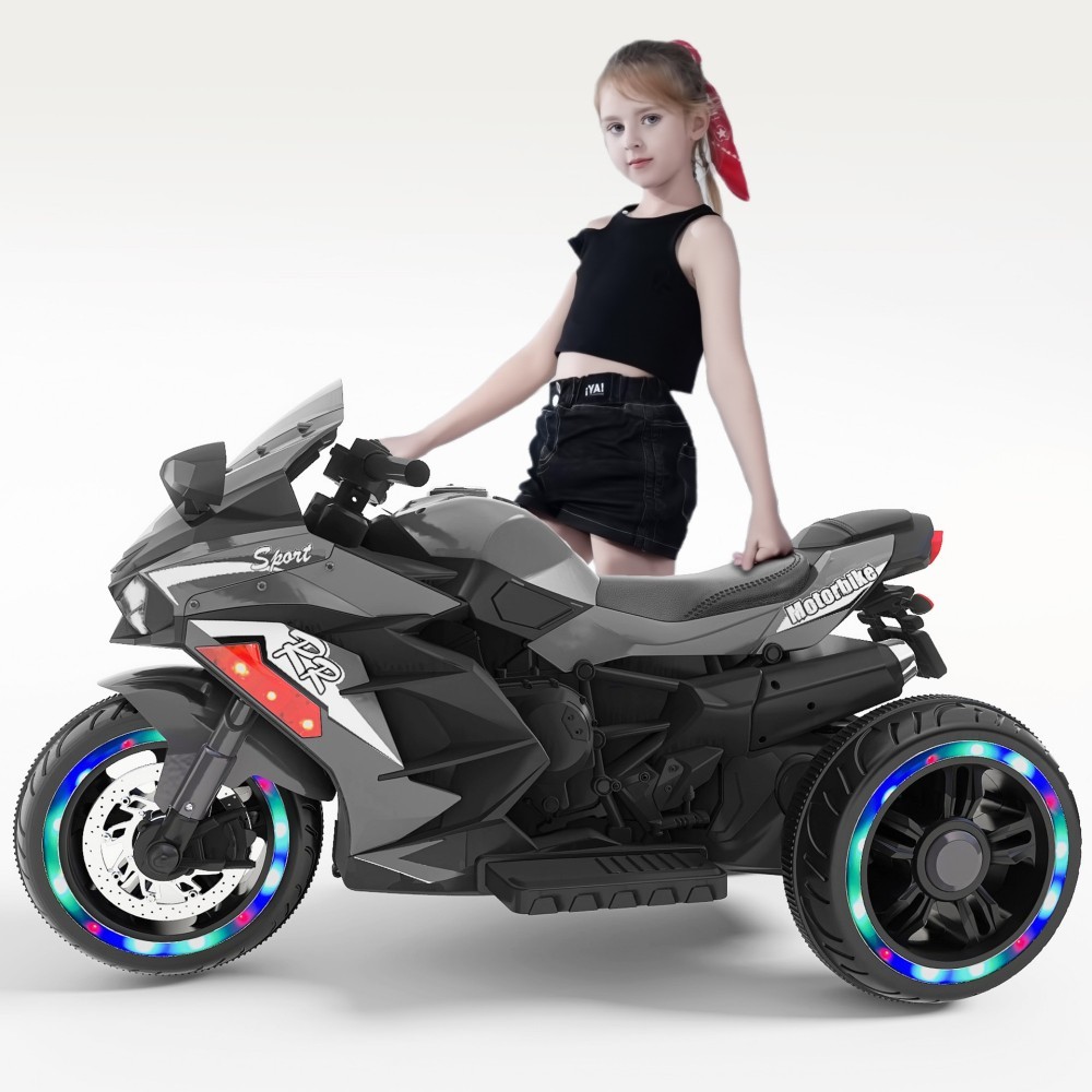 12V Gray Kids Electric Motorcycle, USB MP3 Function, Premium Gift for Kids