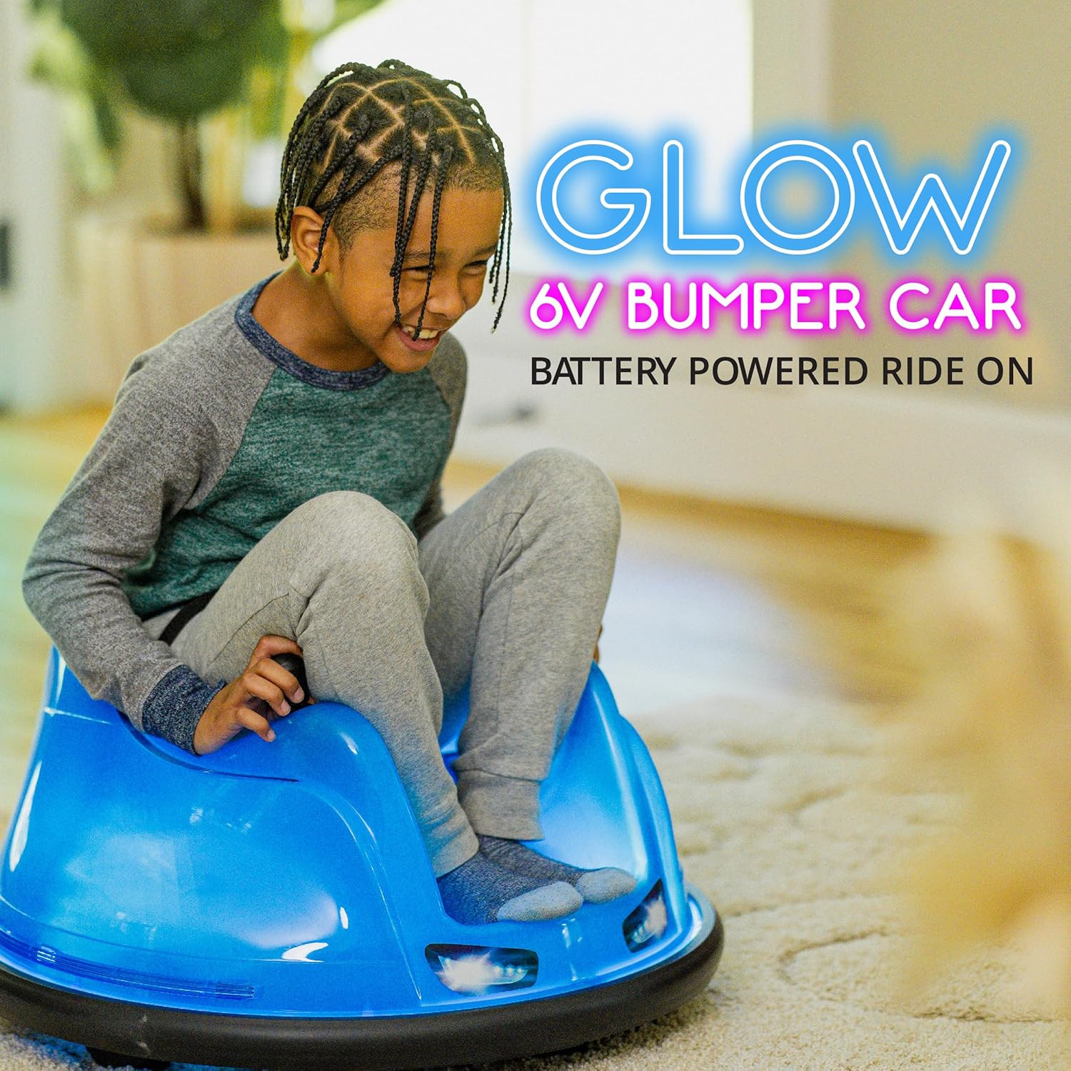 6V Blue Glow Bumper Car for Kids – LED Ride-On Toy with 360° Spin, Rechargeable