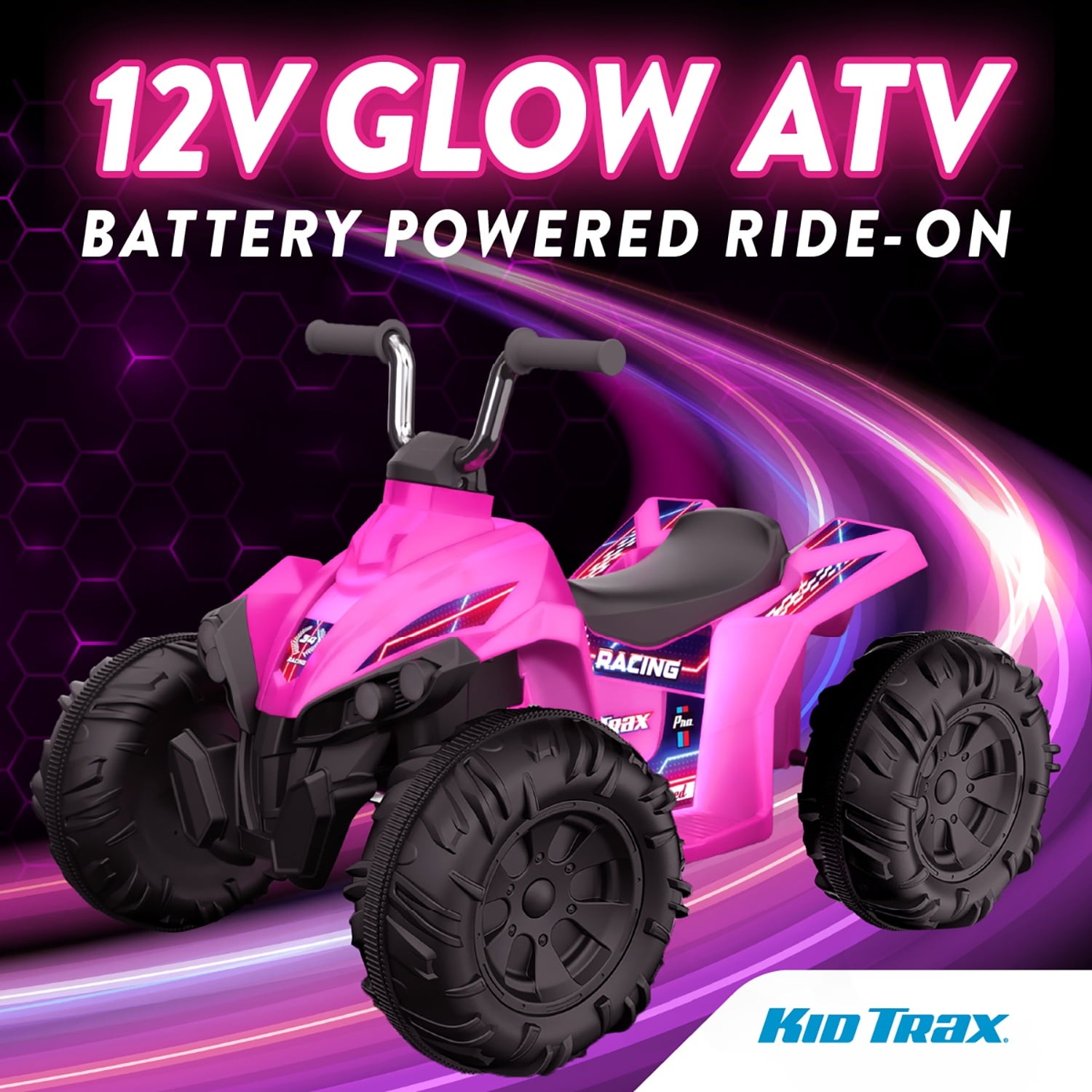 Kid Trax 12V Glow ATV Ride-On Toy, Pink, with LED Lights, Rechargeable Battery,