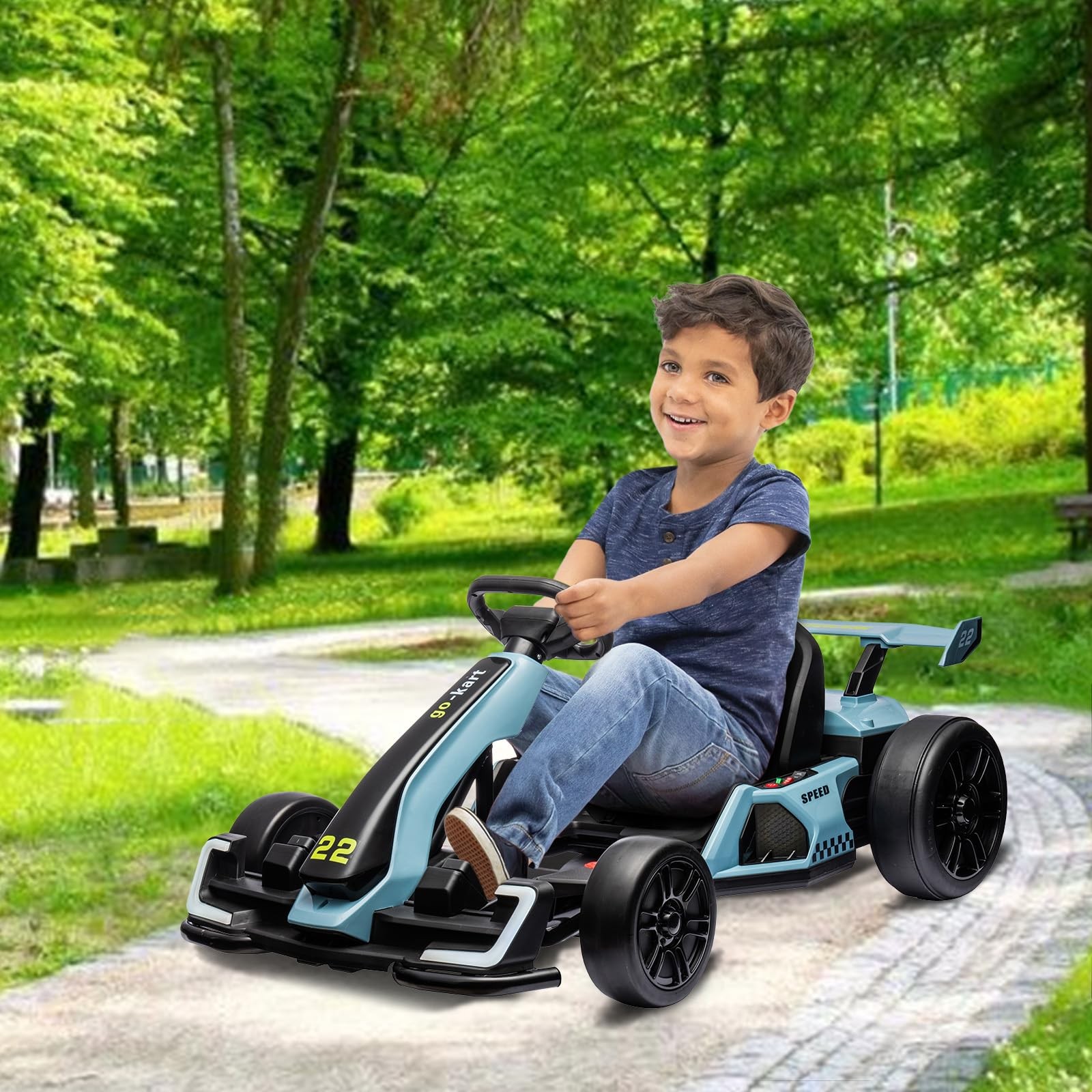 24V Electric Go Kart for Kids Ages 6-15,2x150W Motors,8MPH Drift Kart Seat Belt